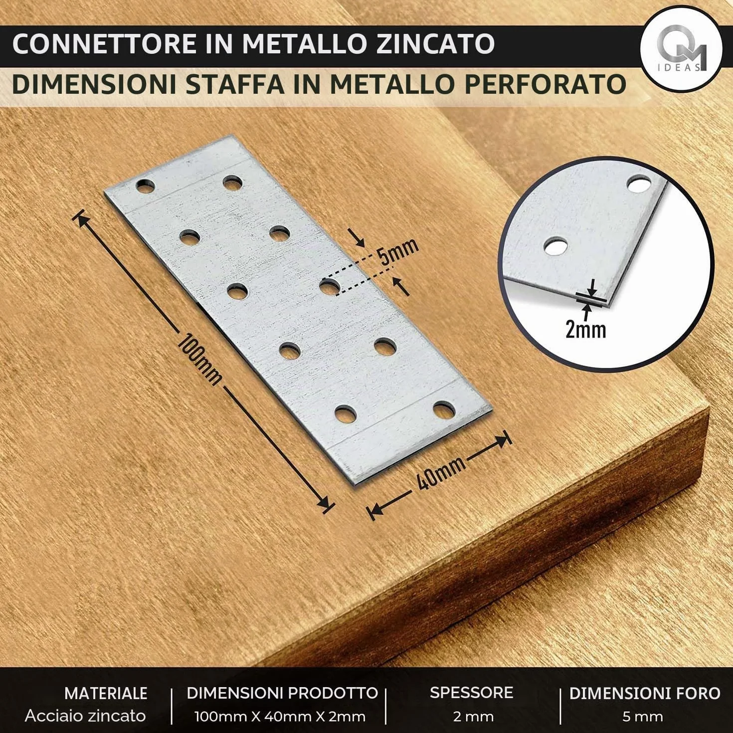 Piastre forate 100x40x2 Piastra di fissaggio Connettore per legno Lastrina di giunzione piatta Piastra di montaggio zincata in acciaio
