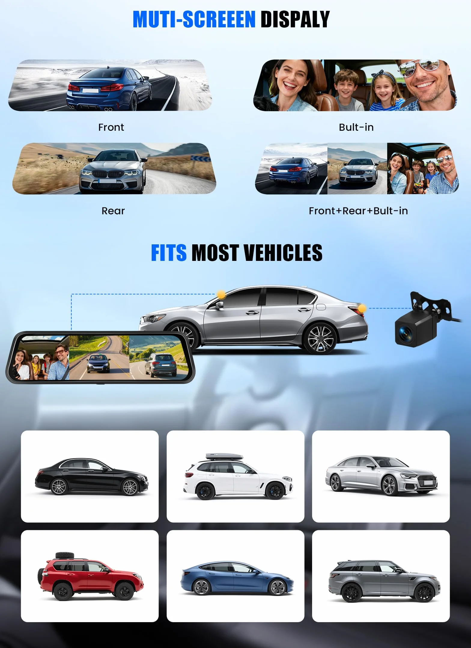 CAMECHO Mirror Dash Cam Schermo da 9.66 pollici 2K, Dashcam con TRE Telecamere: Anteriore/Interna/Posteriore -WiFi registrazione loop/sensore di gravità/assistenza al parcheggio