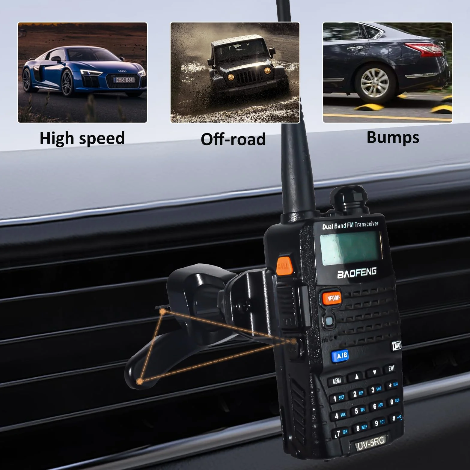 UAYESOK Staffa di ventilazione per apparecchiature radio, supporto girevole per auto con doppio supporto e clip universale, compatibile con Motorola Kenwood Baofeng Icom Midland Yaesu Walkie Talkie
