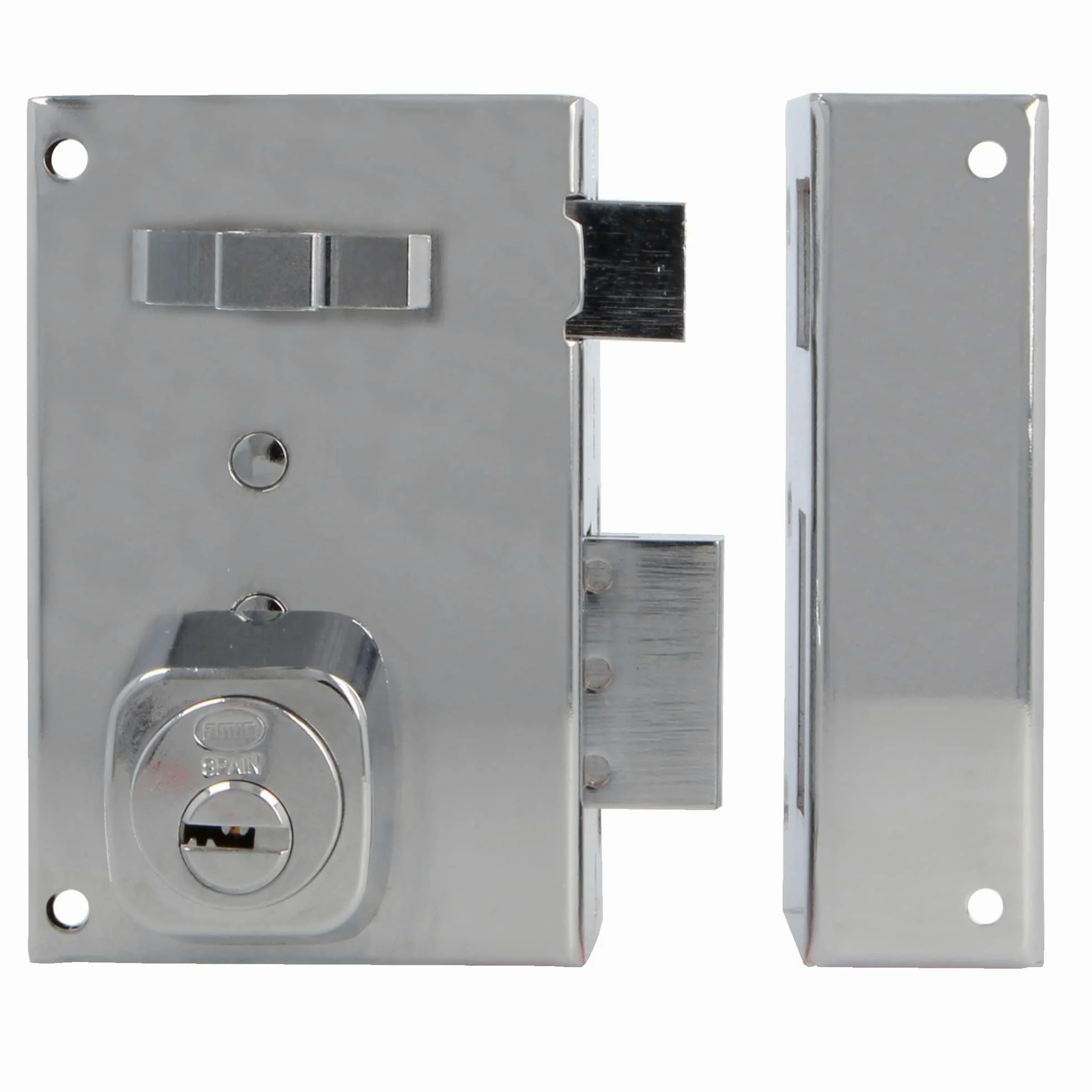 Amig - Serratura da sovrapposizione a destra con leva di chiusura, linguetta e maniglia per porte in legno mod. 75, 72 x 112 mm, cilindro rotondo di sicurezza, acciaio argentato