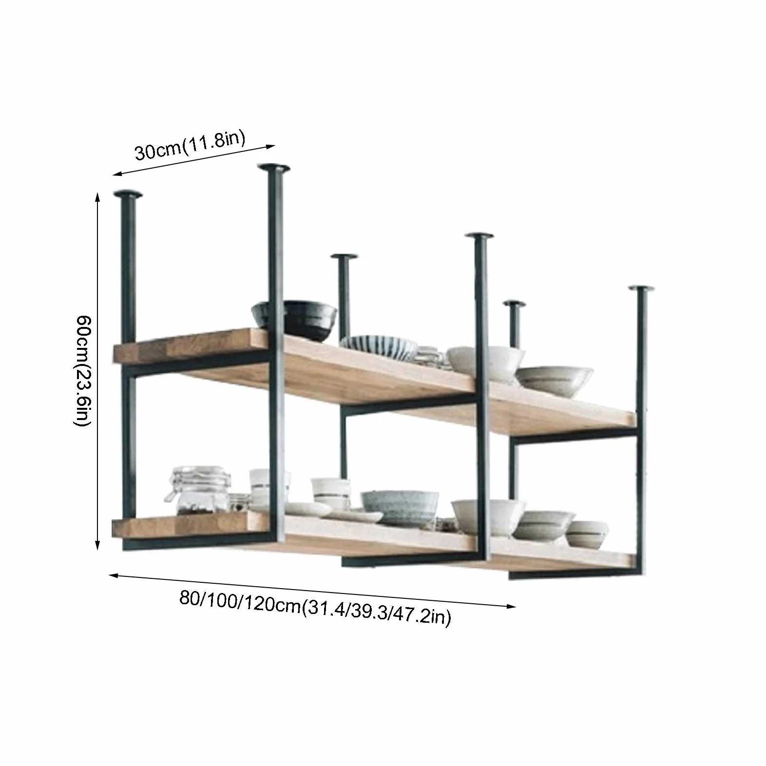 Mensole sospese rustiche a 2 strati con facile installazione per bar ristorante scaffale decorativo da parete con staffe per mensole a soffitto (dimensioni: 120 x 30 x 60 cm)