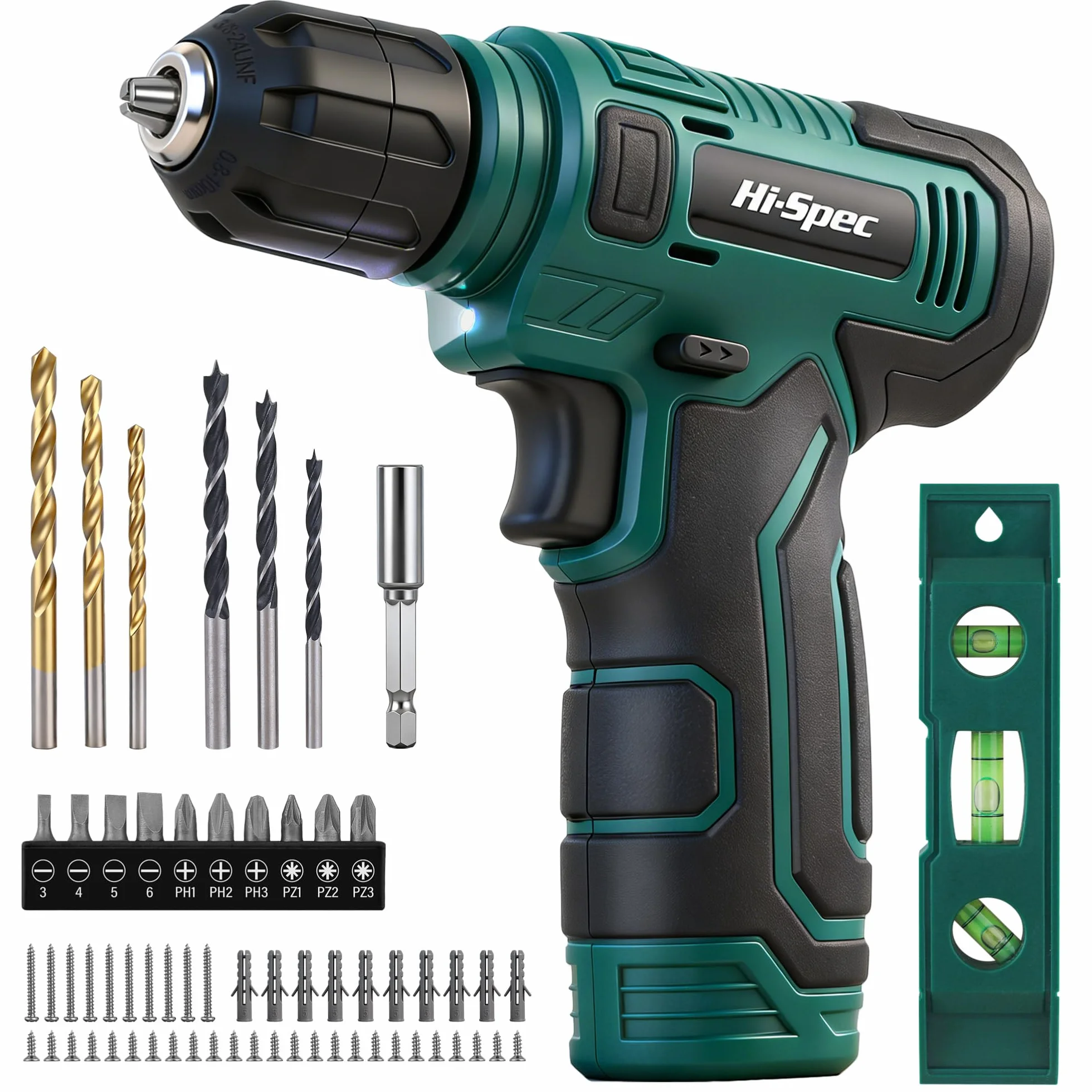 Hi-Spec trapano avvitatore 8V USB ricaricabile cordless con set punte e inserti. Ideale per avvitare e forare legno e materiali leggeri. Kit fissaggio a parete incluso, colore Verde