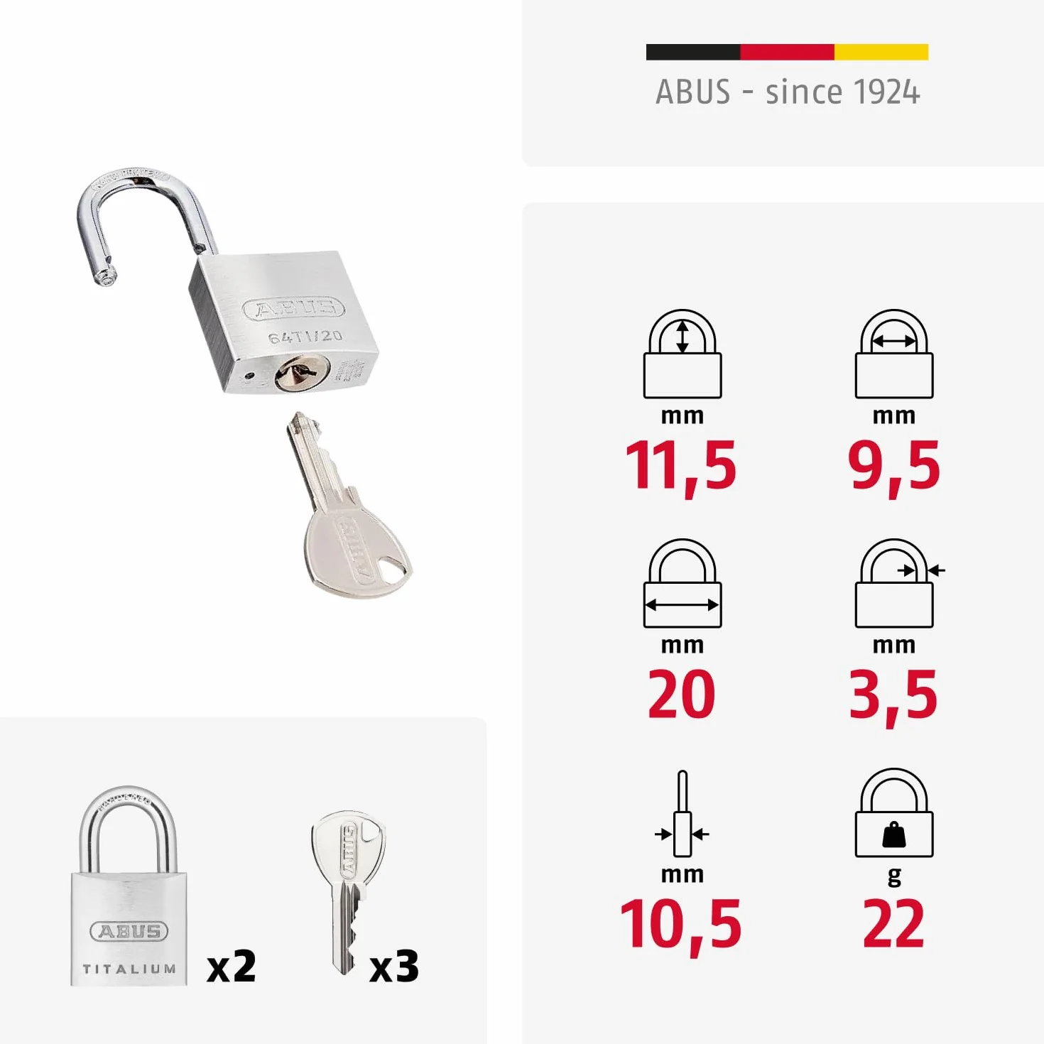 ABUS Lucchetto Titalium 64TI/20 - Set da 2, Chiusura Uguale - Corpo in Alluminio Speciale - Arco in Acciaio Temprato - Livello di Sicurezza ABUS 3 - Argento