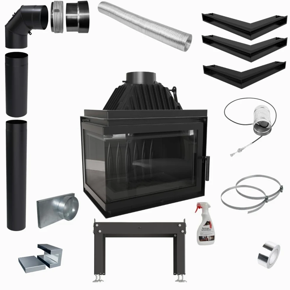 KRATKI Inserto per camino in acciaio a legna SIMPLE 15 kW Ø200 sinistro A | Acciaio nero, efficienza 80,2%, classe A. Ecodesign.; combustione efficiente; basse emissioni; calore uniforme; 200fi Set