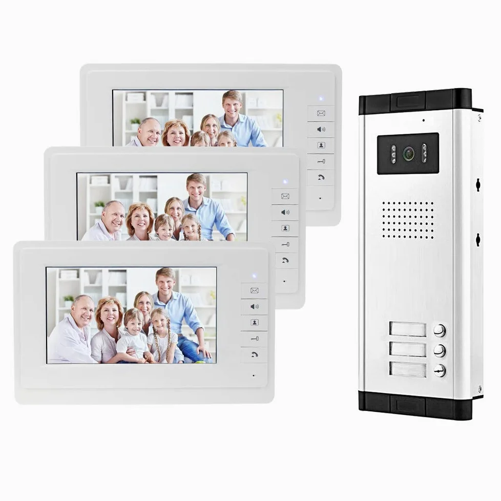 7 '' Videocitofono a colori cablato sistema di porte IR telecamera di visione notturna 480p + schermi di controllo interni per 2/3 appartamenti (3 monitor)