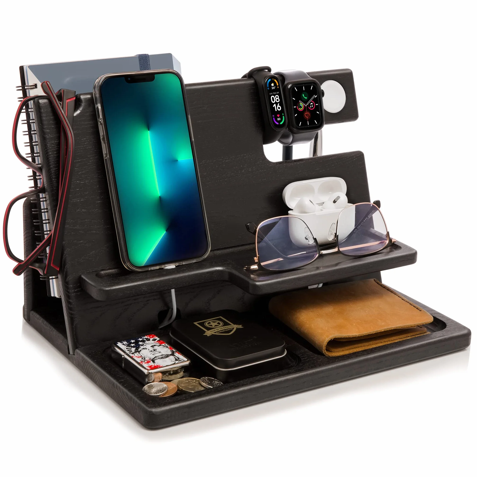 Teslyar Docking Station in Legno per telefono dalla Cenere con ganci con Svuota tasche e Porta Orologio Natale Regalo da uomo per orologi compatibile con iPhone iWatch AirPods (Nero)