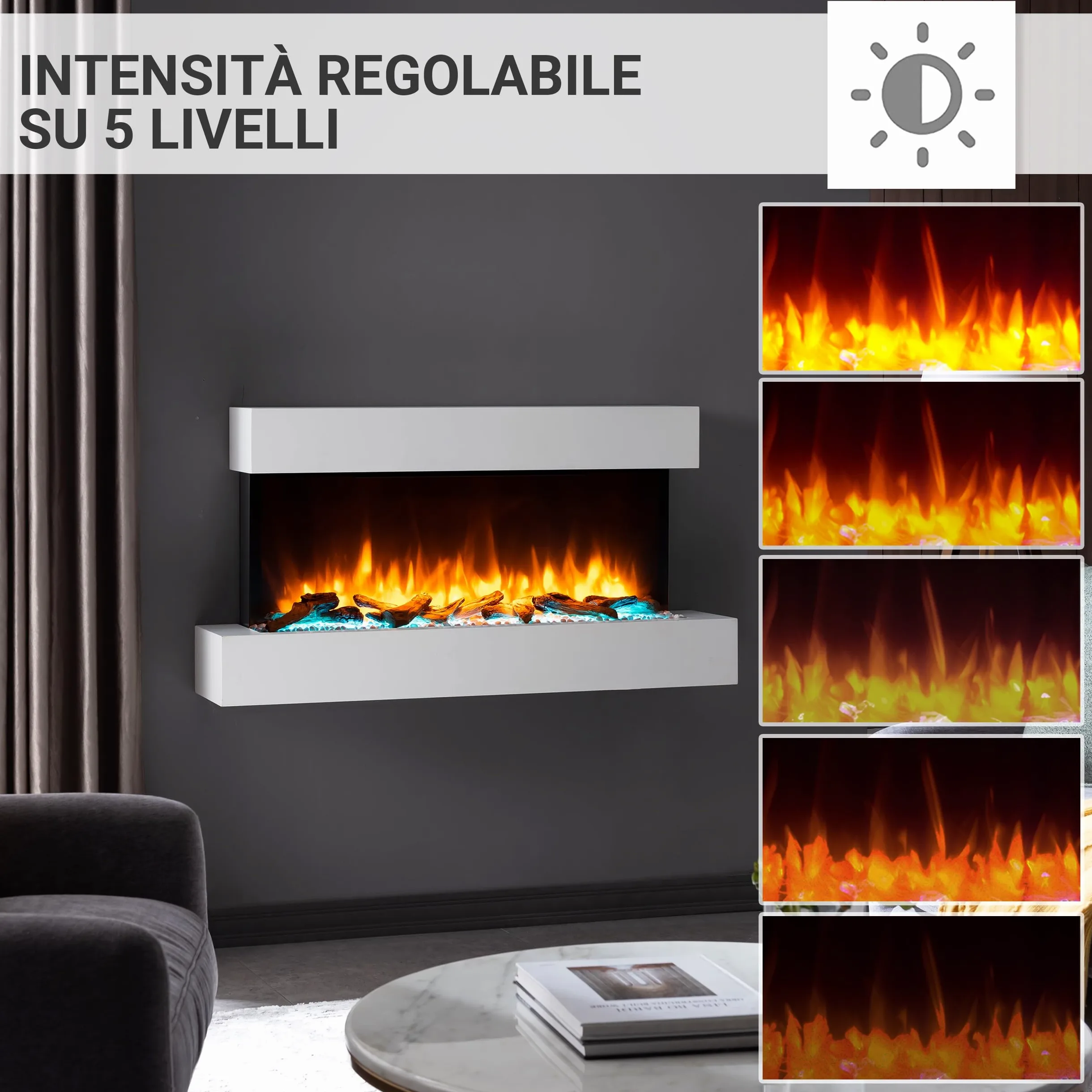 BALDERIA Camino Elettrico da Parete | Caminetto con Effetto Fiamma 3D | Riscaldamento 2000 W | Focolare Sospeso con Telecomando, Timer, Termostato | Bianco