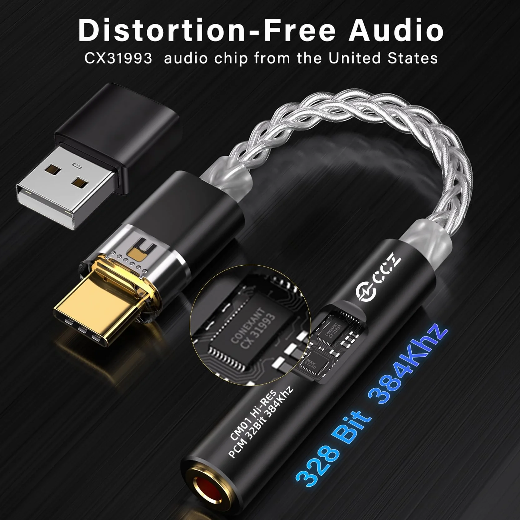 CCZ CM01 Adattatore per cuffie DAC da USB C a jack da 3,5 mm MAX97220 Amp Conexant CX31993 Chip di decodifica, convertitore audio ad alta risoluzione 24 bit/384 kHz con cavo placcato in argento