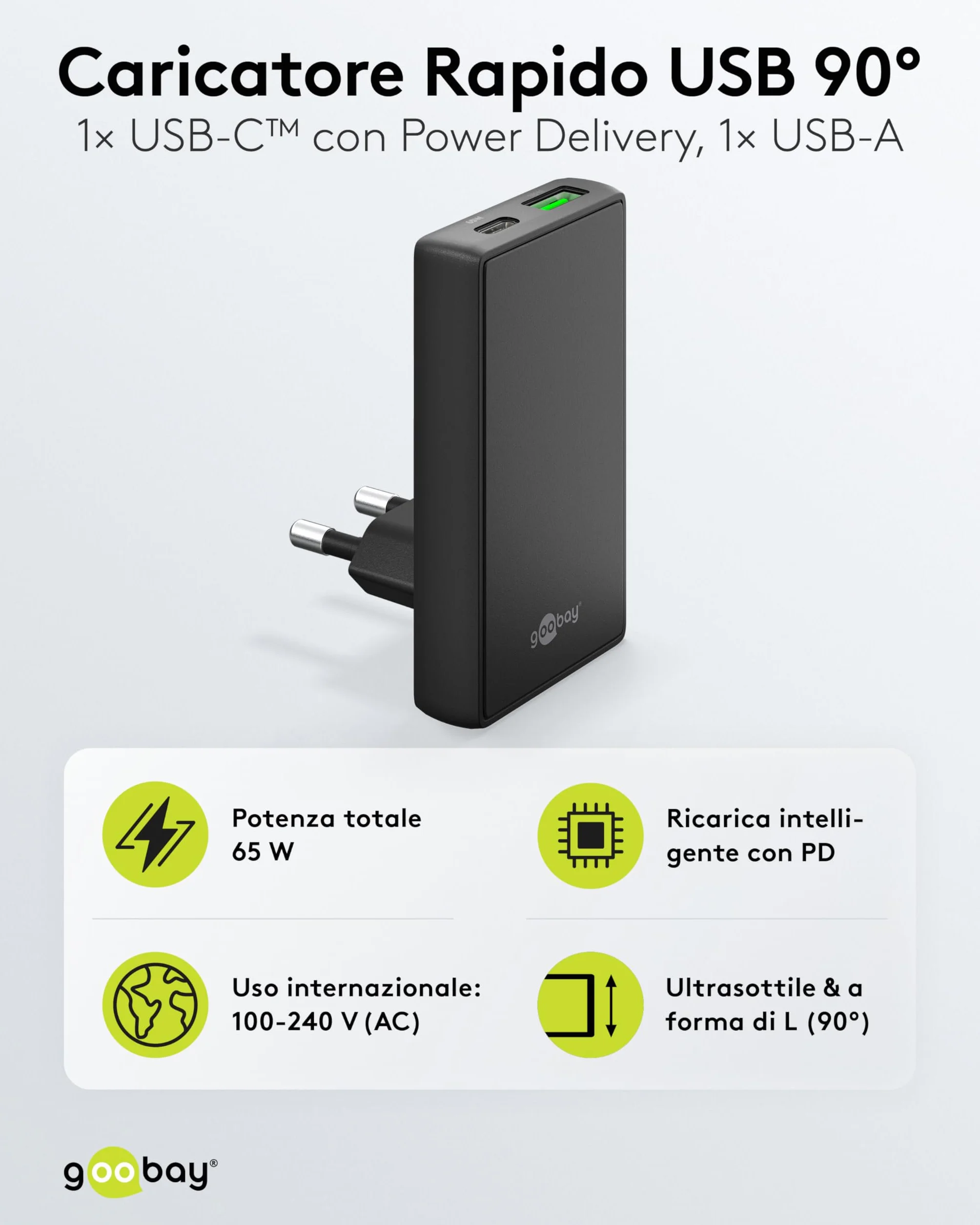 goobay GaN Caricabatteria da 65 W, con doppia porta (USB-C e USB-A), design piatto a 90°, ultra sottile e salvaspazio, per Apple, Samsung, Huawei, tablet ecc., nero,75723