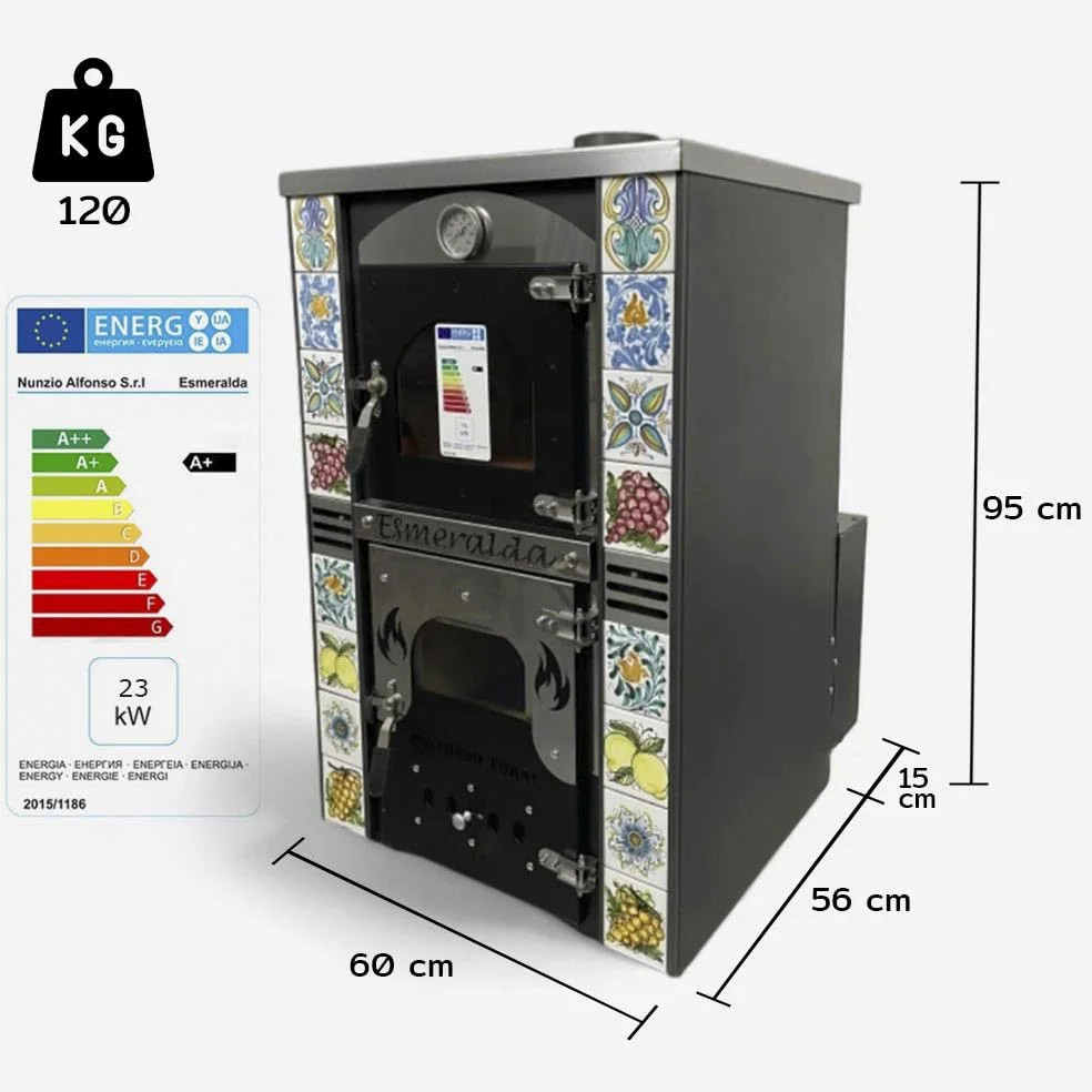 Stufa a Legna Termo ventilata con Forno - Esmeralda Maioliche di Caltagirone - Potenza Riscaldamento 25 Kw, Stufa A Legna Economica in Acciaio Verniciato Antracite, Forno in Mattoni Refrattari