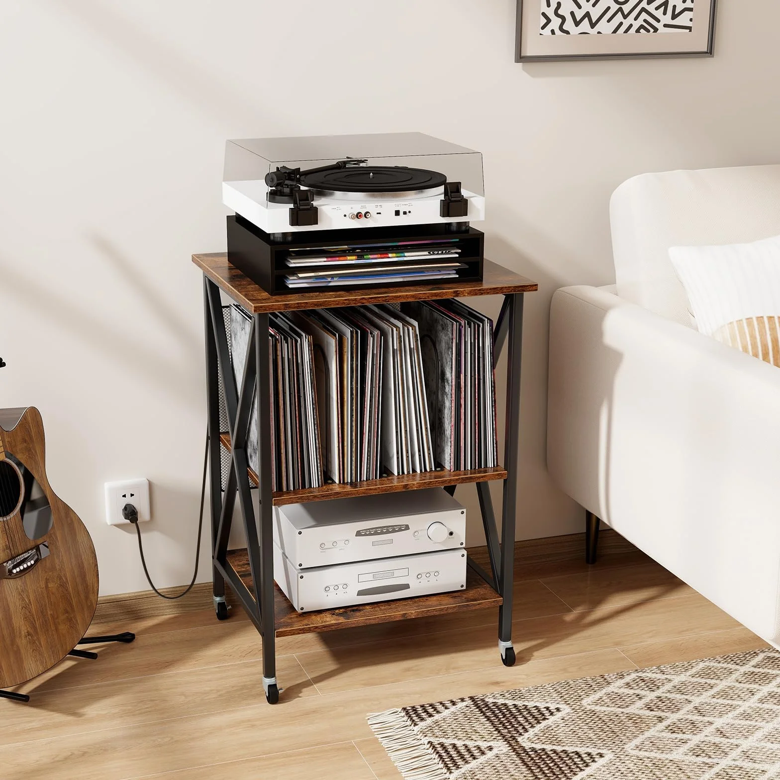 LIFEZEAL Mobile Giradischi e Porta Vinili, Supporto per Giradischi, Carrello con Ruote Bloccabbili per CD, Tavolino a 3 Ripiani per 250 Album, Legno+Metallo, Peso Max 90kg, 52x45x75 cm, Marrone