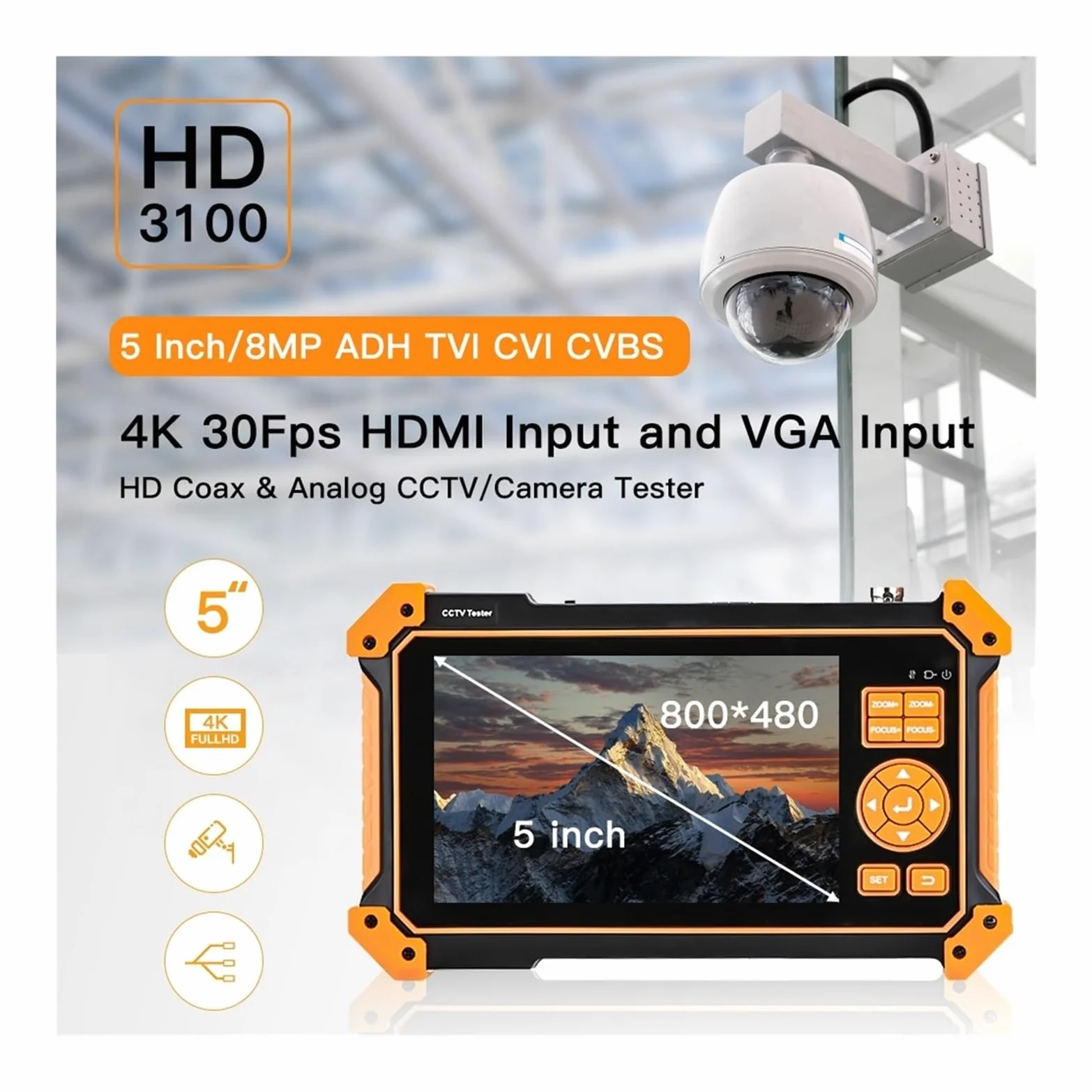 Tester CCTV 3200C Tester For Fotocamera HD Coassiale 4K 8MP ADH VGA SDI Con Tracciatore Di Cavi Monitor Schermo TFT-LCD Da 5 Pollici(IPC-5100Plus)