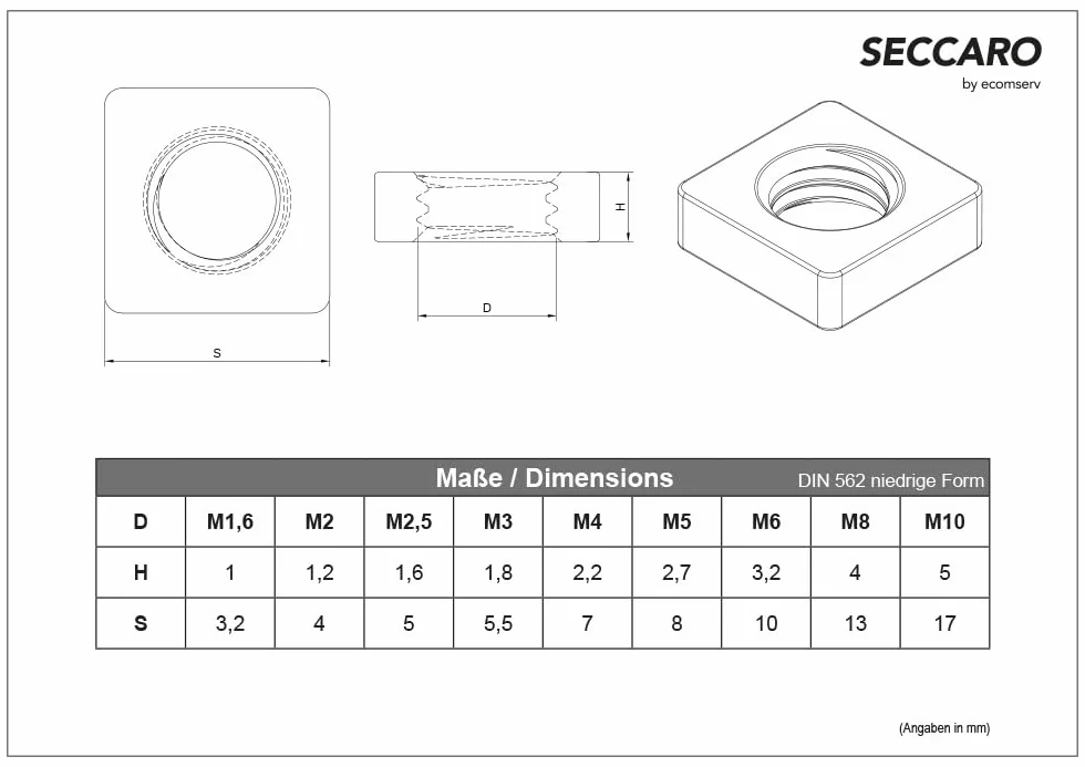 SECCARO dado quadro M5, acciaio inox V2A A2, DIN 562, forma bassa, 20 szt