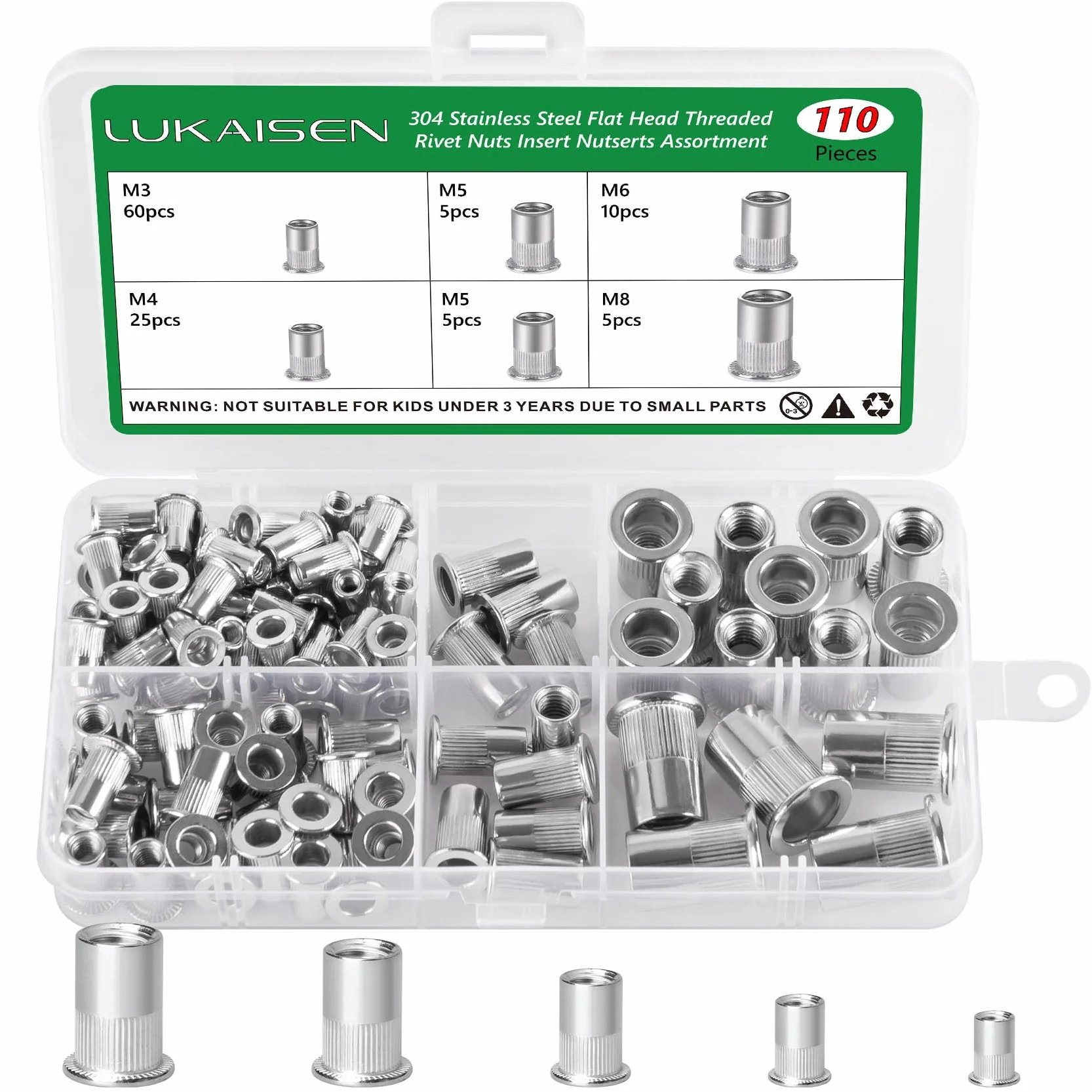 Dado per rivetto 110 pezzi M3 M4 M5 M6 M8 304 acciaio inox Nutsert Cap per mobili auto