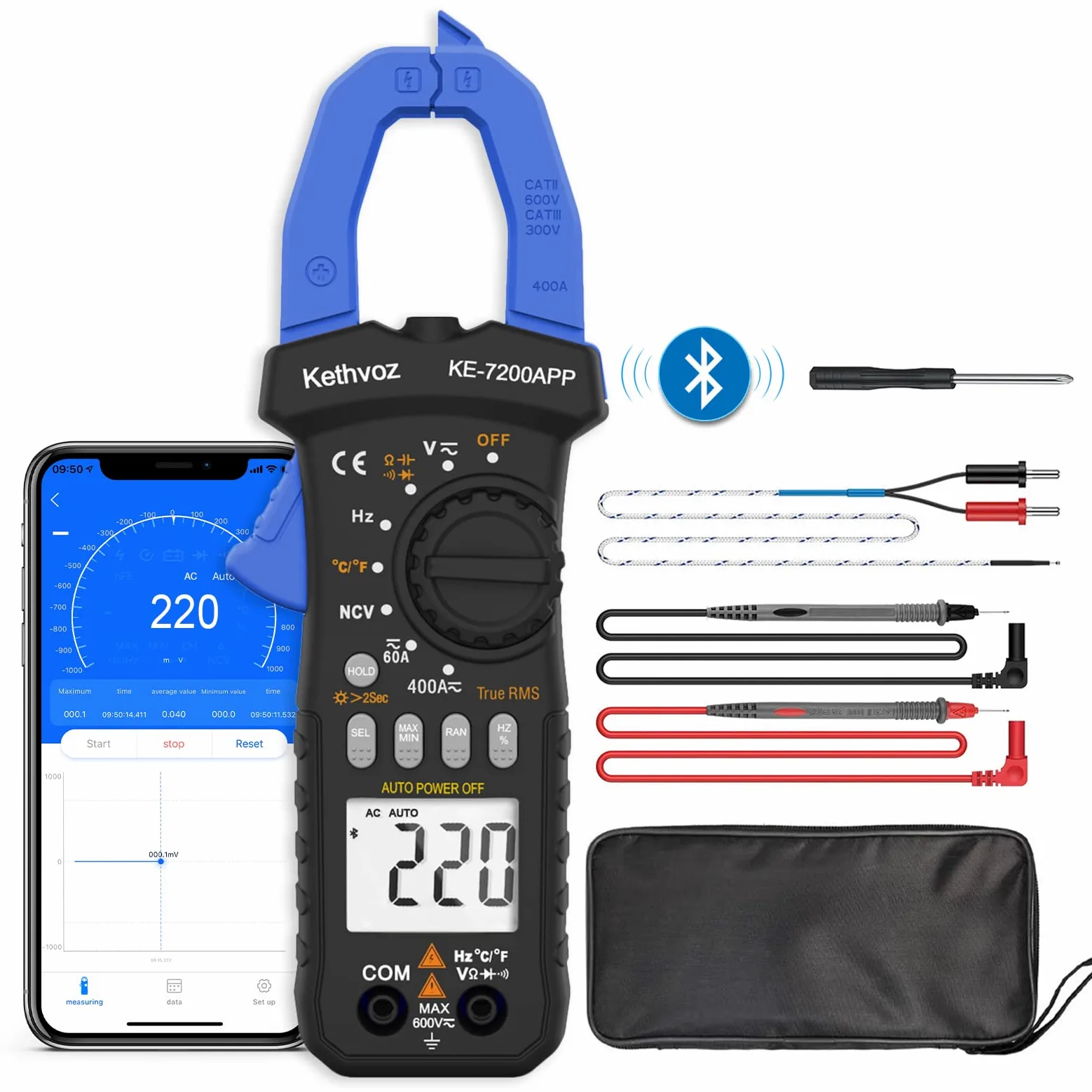 Digitale Pinza Amperometrica 400A CC/CA, Kethvoz Bluetooth Multimetro Professionale Misura AC/DC Elettrica Corrente Tensione Resistenza Capacità, 6000 Conteggi Amperometro KE-7200APP
