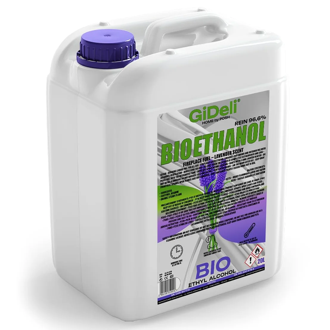 GiDeli Bioetanolo 20 l profumo di lavanda 96,6% etanolo per camini interni ed esterni, senza fumo e fuliggine, da mais e barbabietola da zucchero