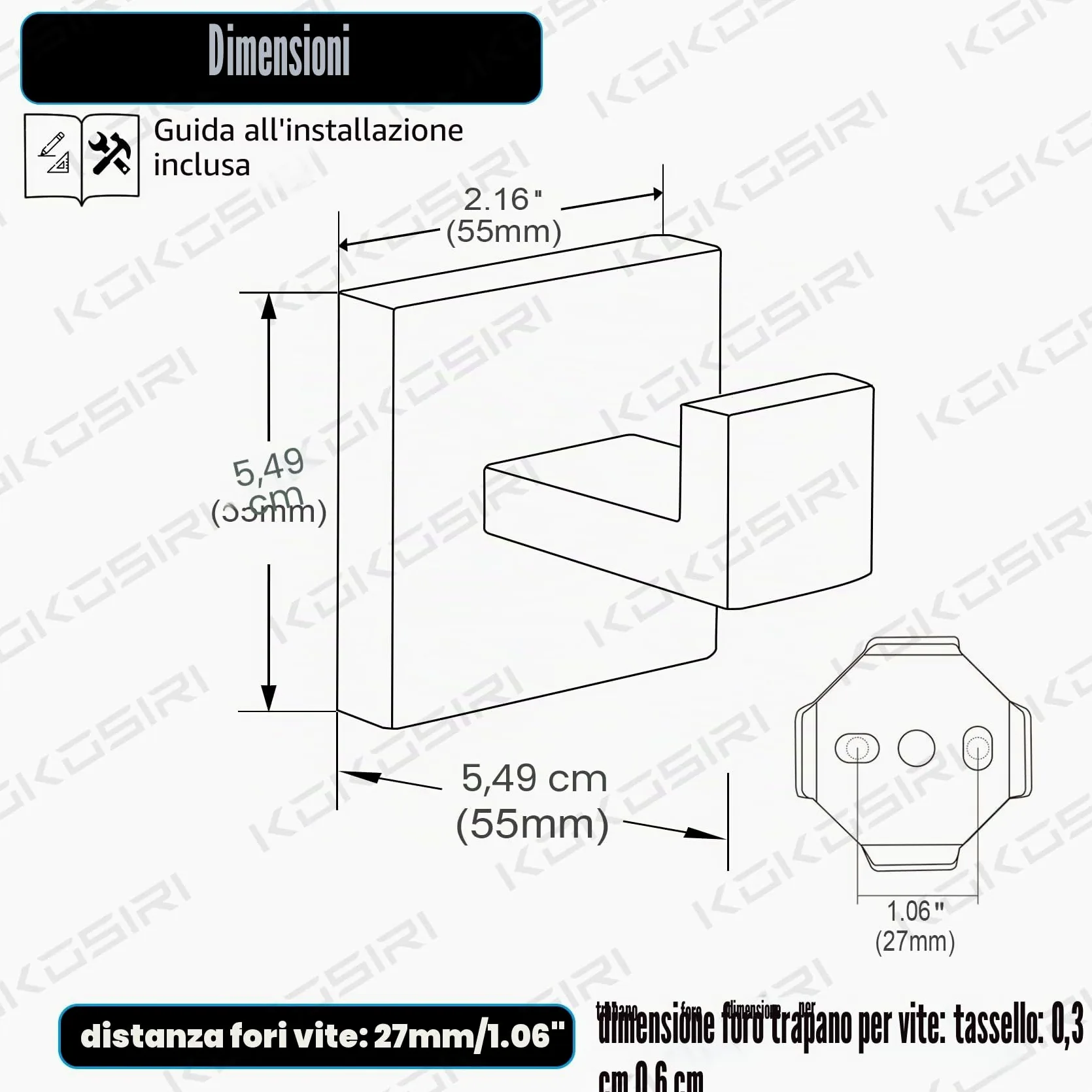 KOKOSIRI Gancio per asciugamano da bagno, da parete, quadrato, per accappatoio, bagno, cucina, garage, resistente, in acciaio inox SUS 304, confezione da 3 pezzi, nero opaco, B1010BK-P3