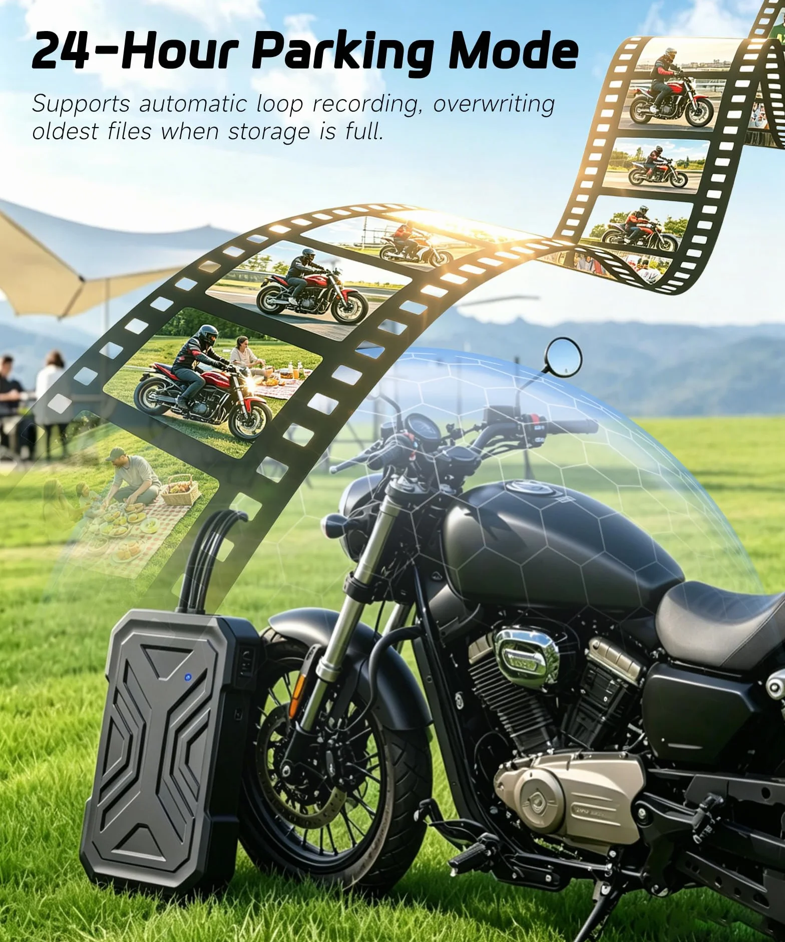 Rimoody Dashcam Moto 1080P Miniaturizzata - Telecamera Anteriore/Posteriore con Rilevamento Collisioni, Registrazione a Ciclo, Modalità Parcheggio, WiFi, per Motocicletta