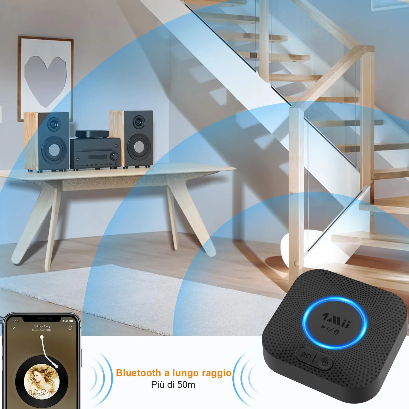 1Mii Ricevitore Bluetooth 5.3, Adattatore Audio Bluetooth HiFi con Jack AUX 3,5mm e RCA, 3D Surround e aptX HD, Wireless per Amplificatore, Stereo Casa, Lungo Raggio 50m