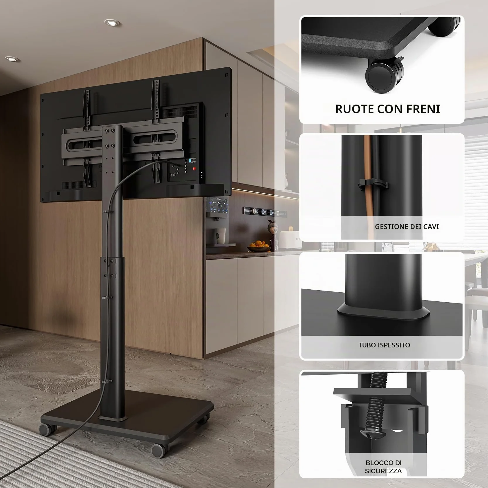 AX WABER Supporto TV Mobile con Ruote Bloccabili, Carrello Portatile per TV 27-65", Regolabile 9 Posizioni, VESA MAX 400x400, 40kg, per Casa/Ufficio