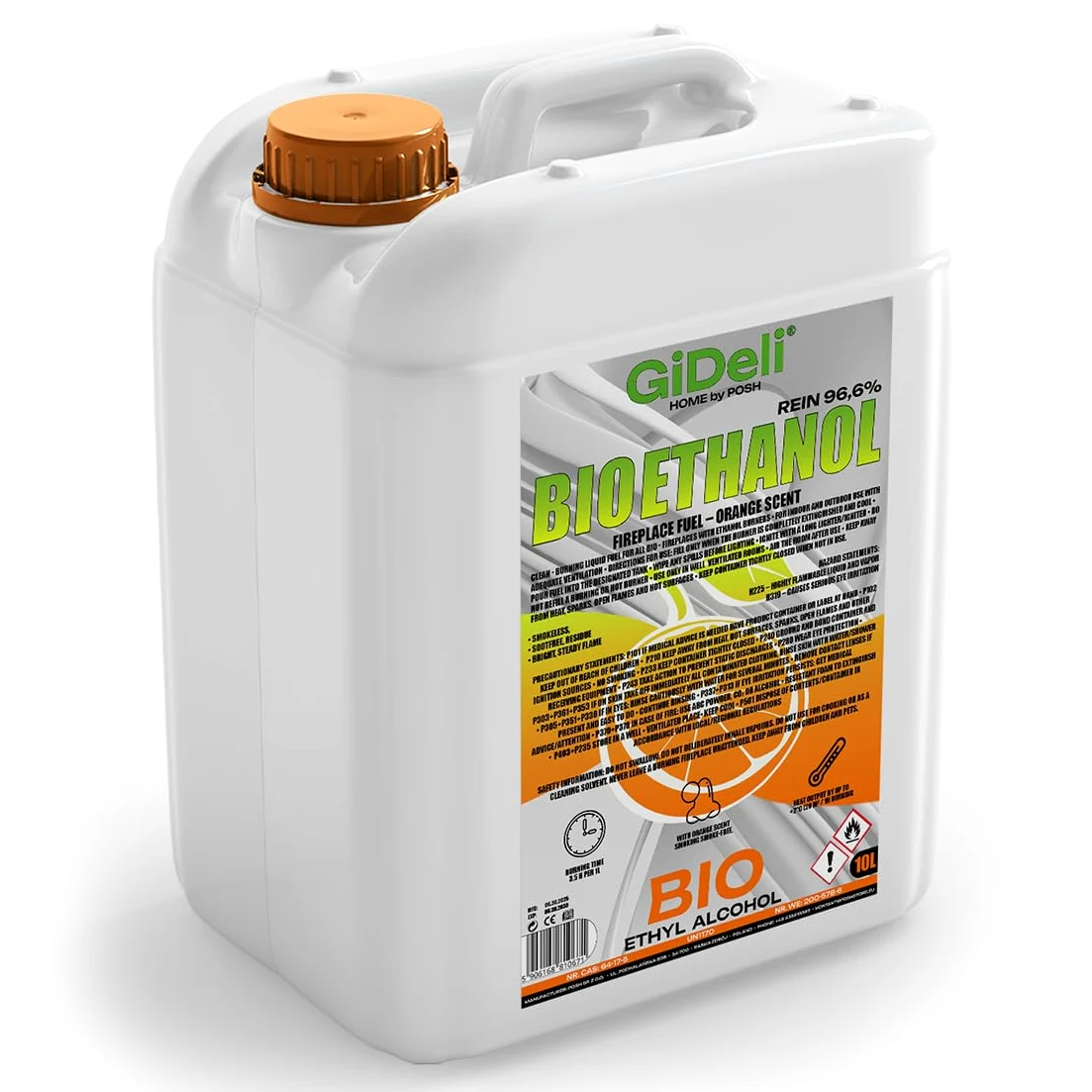 GiDeli bioetanolo 10 l profumo d'arancia 96,6% etanolo per camini interni ed esterni, senza fumo e fuliggine, da mais e barbabietola da zucchero