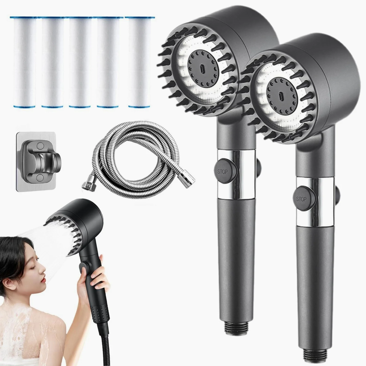 Soffione doccia per la purificazione dell'acqua ad alta pressione: arresto one-touch+vano filtro trasparente | Tubo flessibile da 1,5 m+set di 5 elementi filtranti, base a sgancio rapido intelligente(