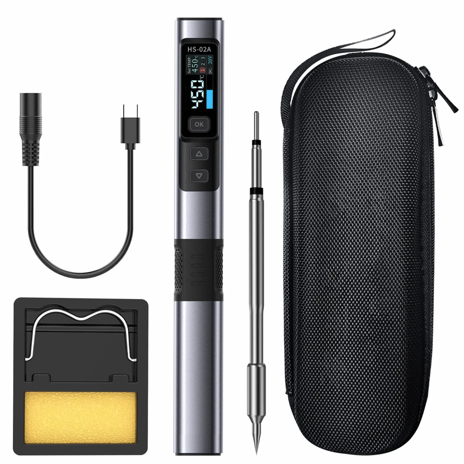 Kit Saldatore HS-02A 100-450°C 100W Intelligente Controllo Temperatura USB PD/QC/DC 9-20V