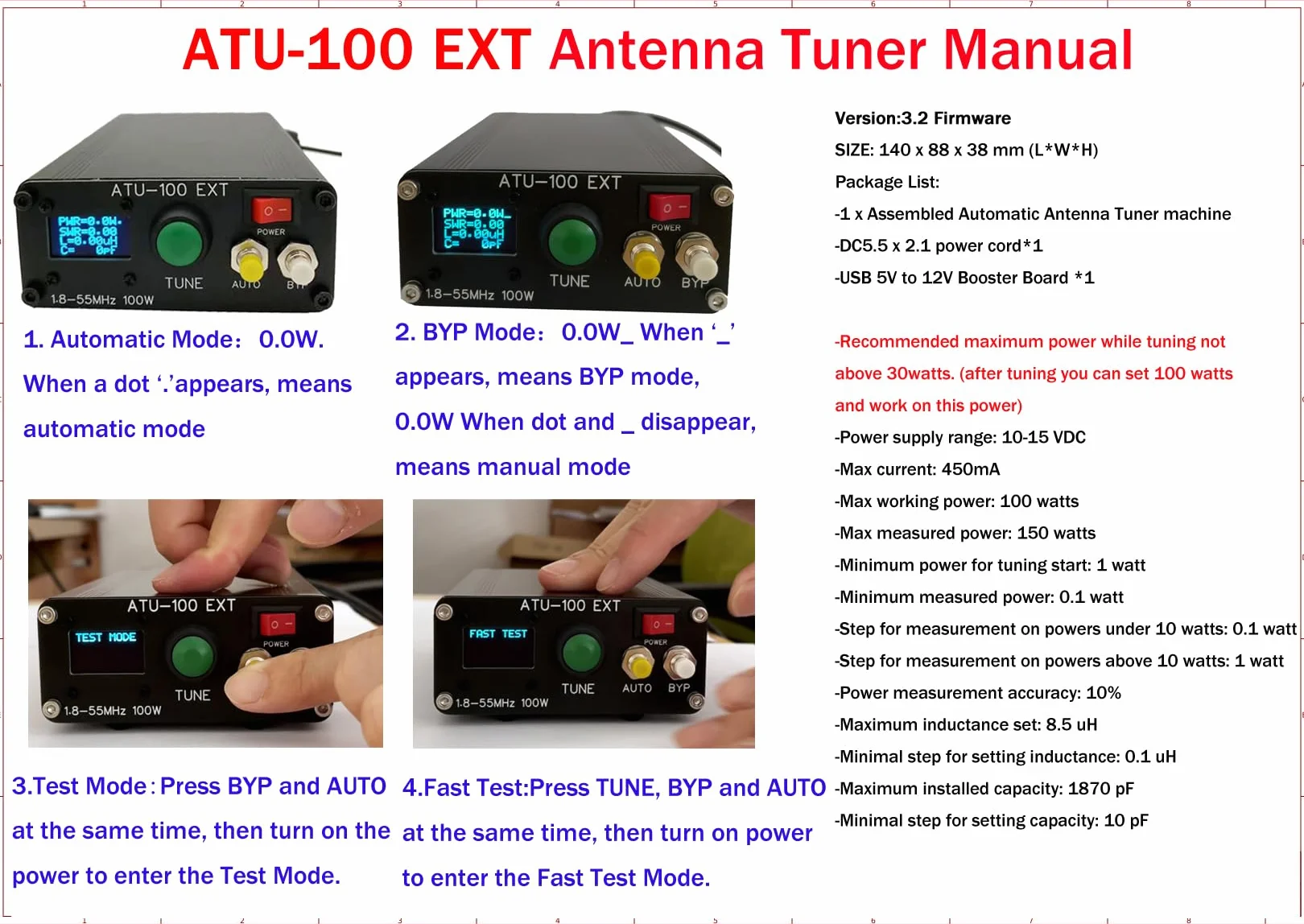 MALAHIT ATU-100 EXT Sintonizzatore antenna 1.8-50MHz atu100 by N7DDC 7x7 0.96 pollici OLED 3.2 Firmware programmato con alloggiamento assemblato macchina con cavo USB (senza batteria)