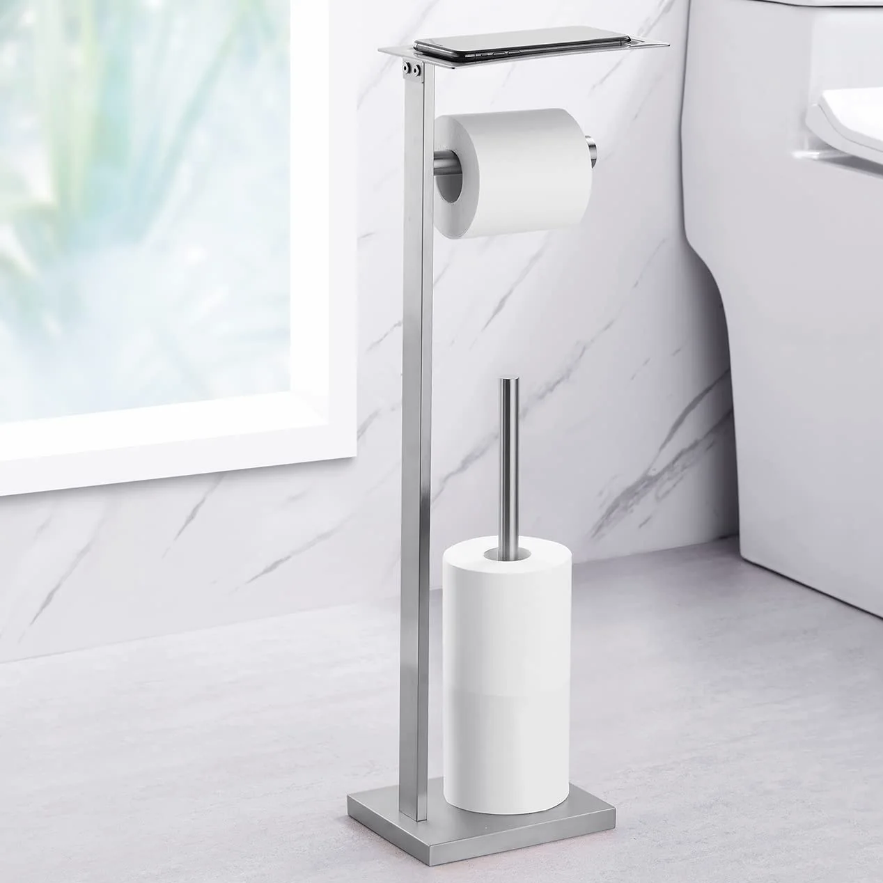 Miyili Porta carta igienica autoportante in acciaio inox con ripiano quadrato finitura spazzolata, F04N2