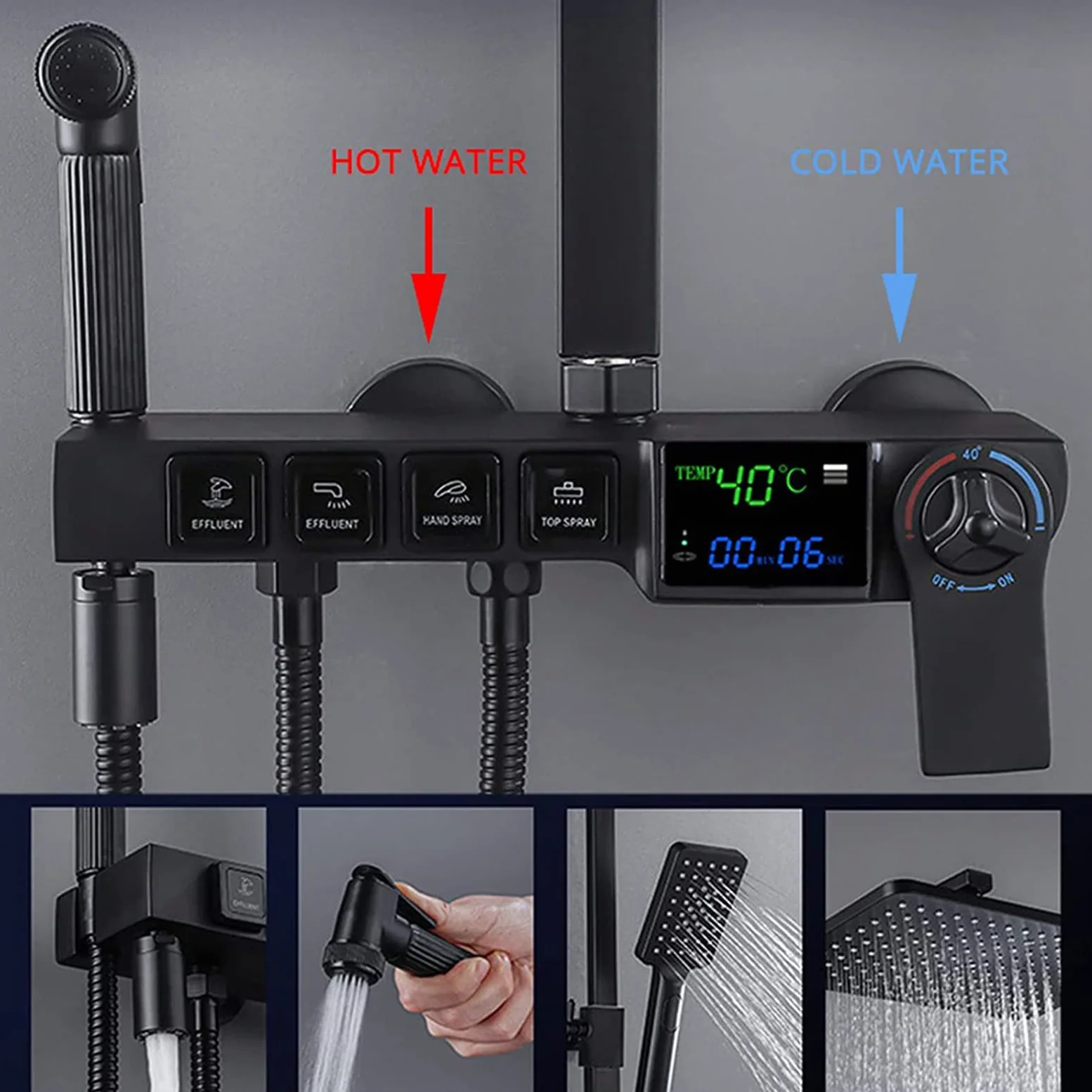 Sistema Doccia Nero con Display Digitale, Set Rubinetto termostatico, Miscelatore in Ottone con soffione a Pioggia, doccetta, doccetta Bidet, beccuccio Vasca, Altezza Doccia Regola
