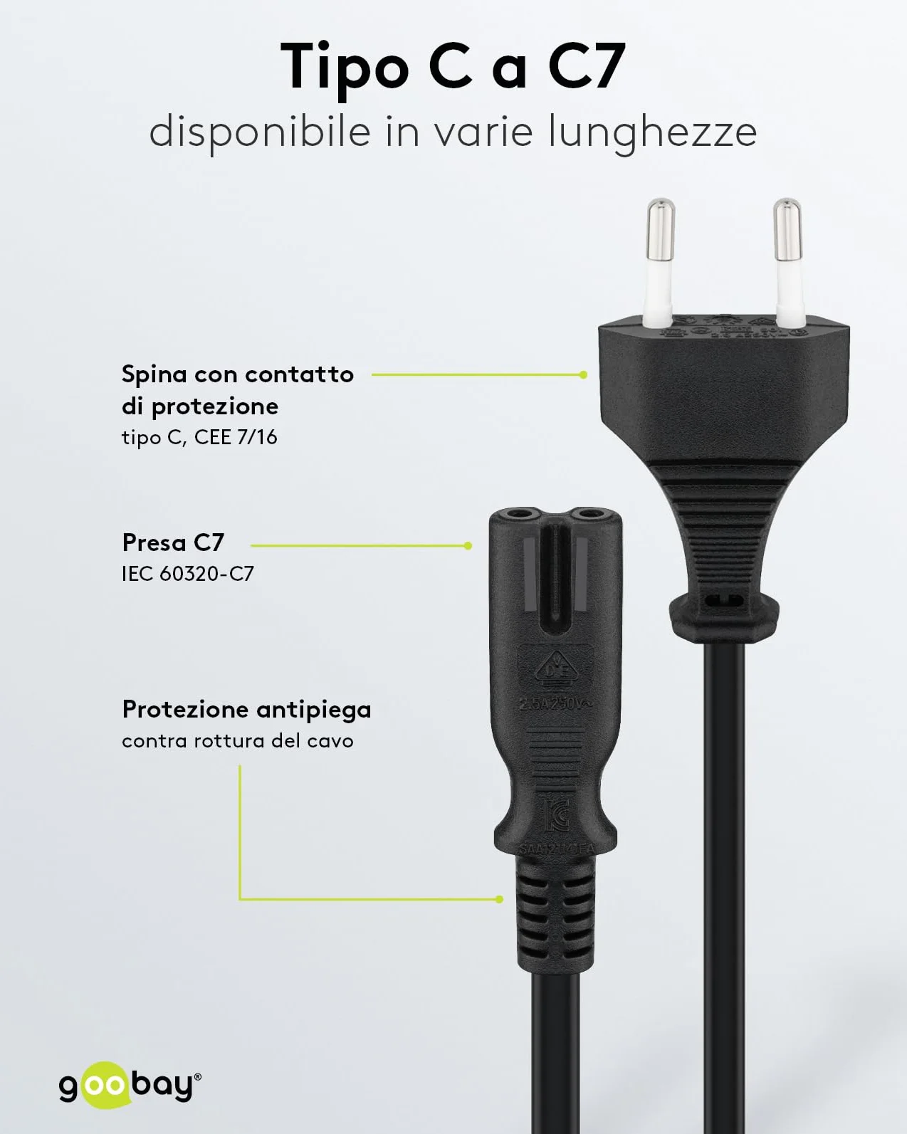 LINK, 95038, CAVO ALIMENTAZIONE CON SPINA ITALIANA BIPOLARE 10A - PRESA 8 FORM DIRITTA FEMMINA C7 MT.3