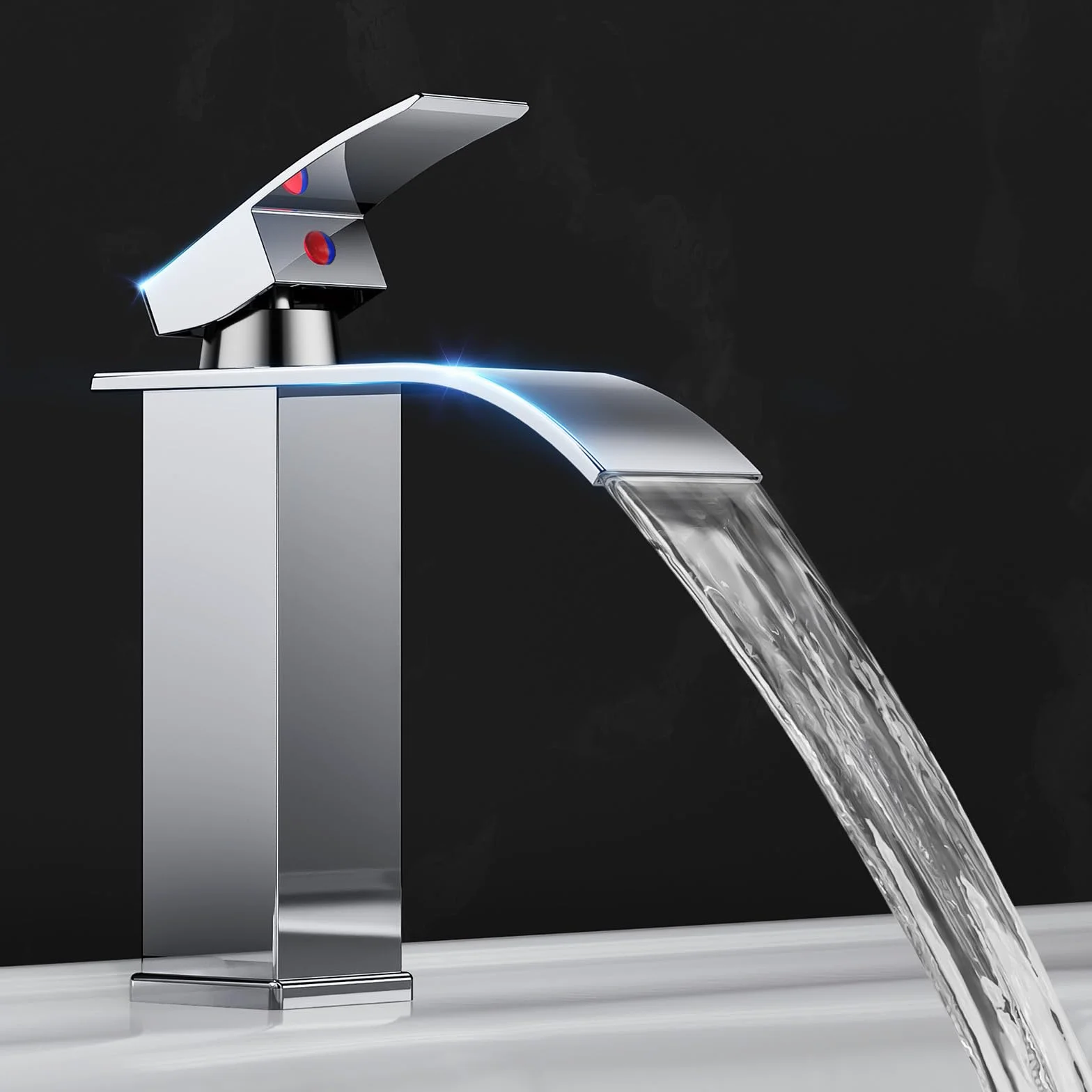 Rubinetto Bagno Lavabo a Cascata,Miscelatore Lavabo Bagno,Miscelatore per bagno in ottone e acciaio inox, cromato (incl. tubo da 60 cm)