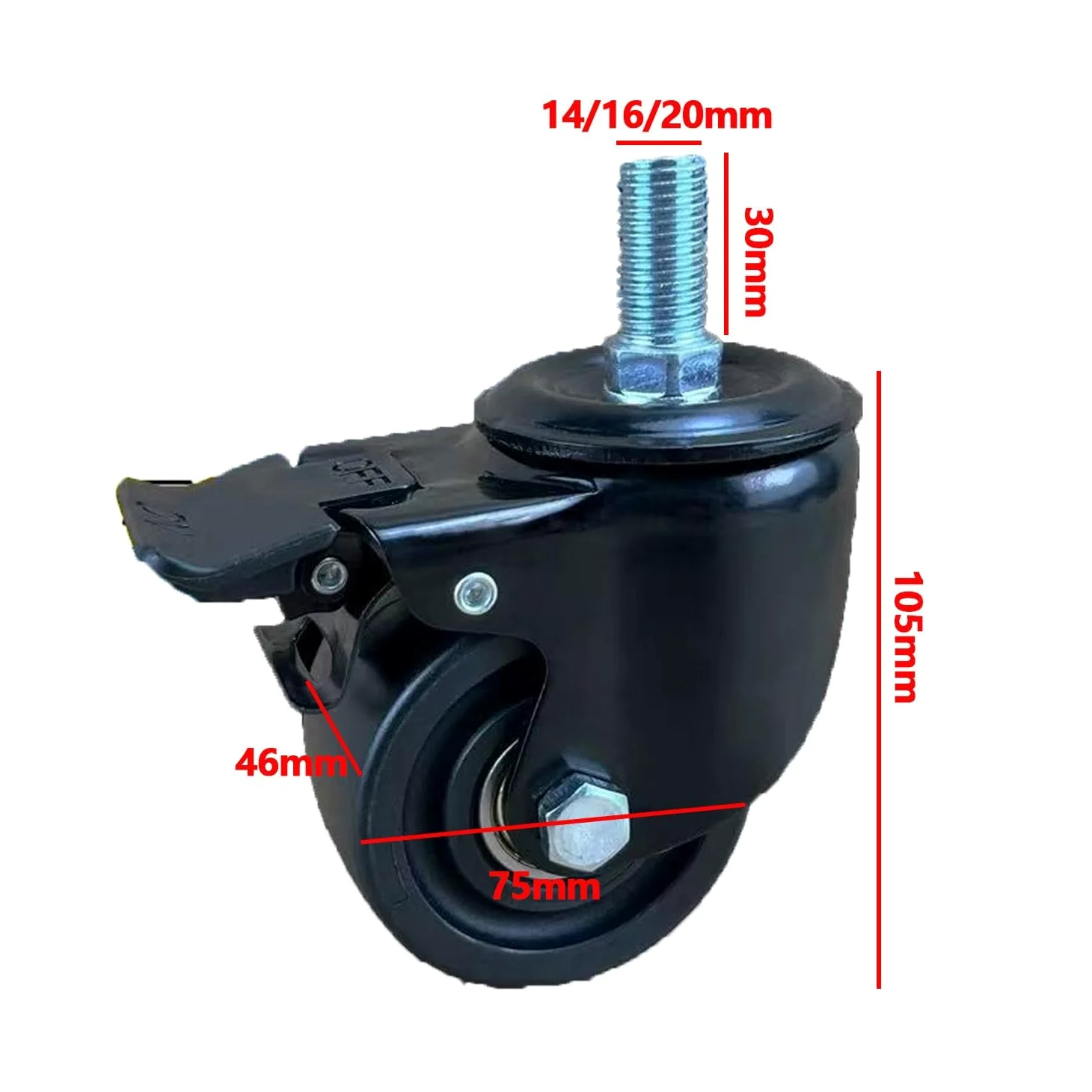 Set di 4 ruote girevoli resistenti, 75 mm, con stelo filettato M14, M16, M20, silenziose, in nylon, per uso industriale, rotazione a 360°, sistema frenante incluso