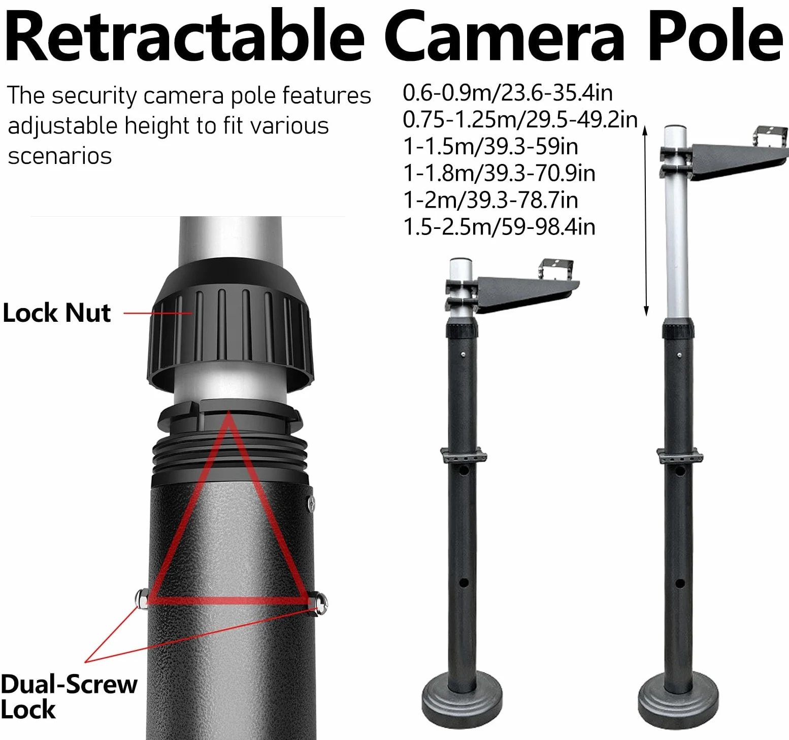 ERRULAN Staffa per Telecamera Esterna Palo per Telecamera di Sicurezza per parcheggio, palo per Telecamera di sorveglianza con Staffa per Luce di riempimento(Height 1.5-2.5m/59-98.4in)