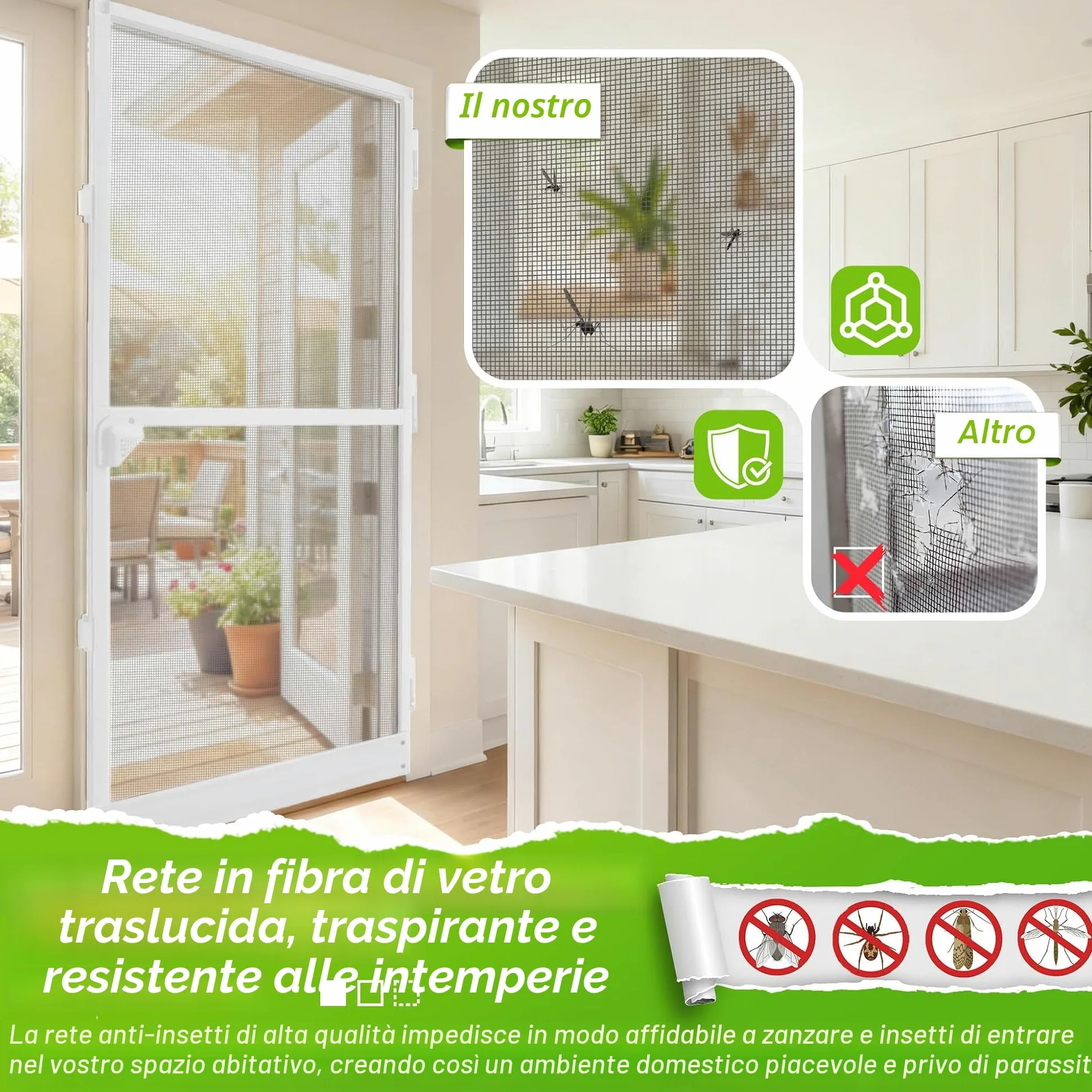 Aufun Zanzariera per porte fino a max. 120 x 240 cm, per porta con tessuto in fibra di vetro, Protezione Efficace Antinsetti Mosche, con telaio in alluminio bianco