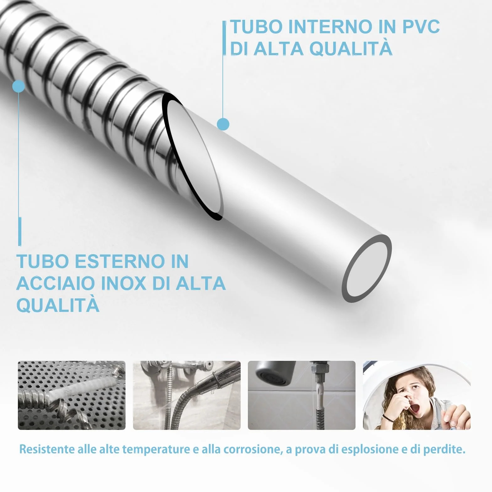 OFFO Tubo Doccia Flessibile 3 Metri, Con protezione Antitorsione,Flessibile Doccia in Acciaio Inox, Tubo Doccia di Ricambio ad Alta pressione, per Rubinetteria Bagno,Argento Brillante