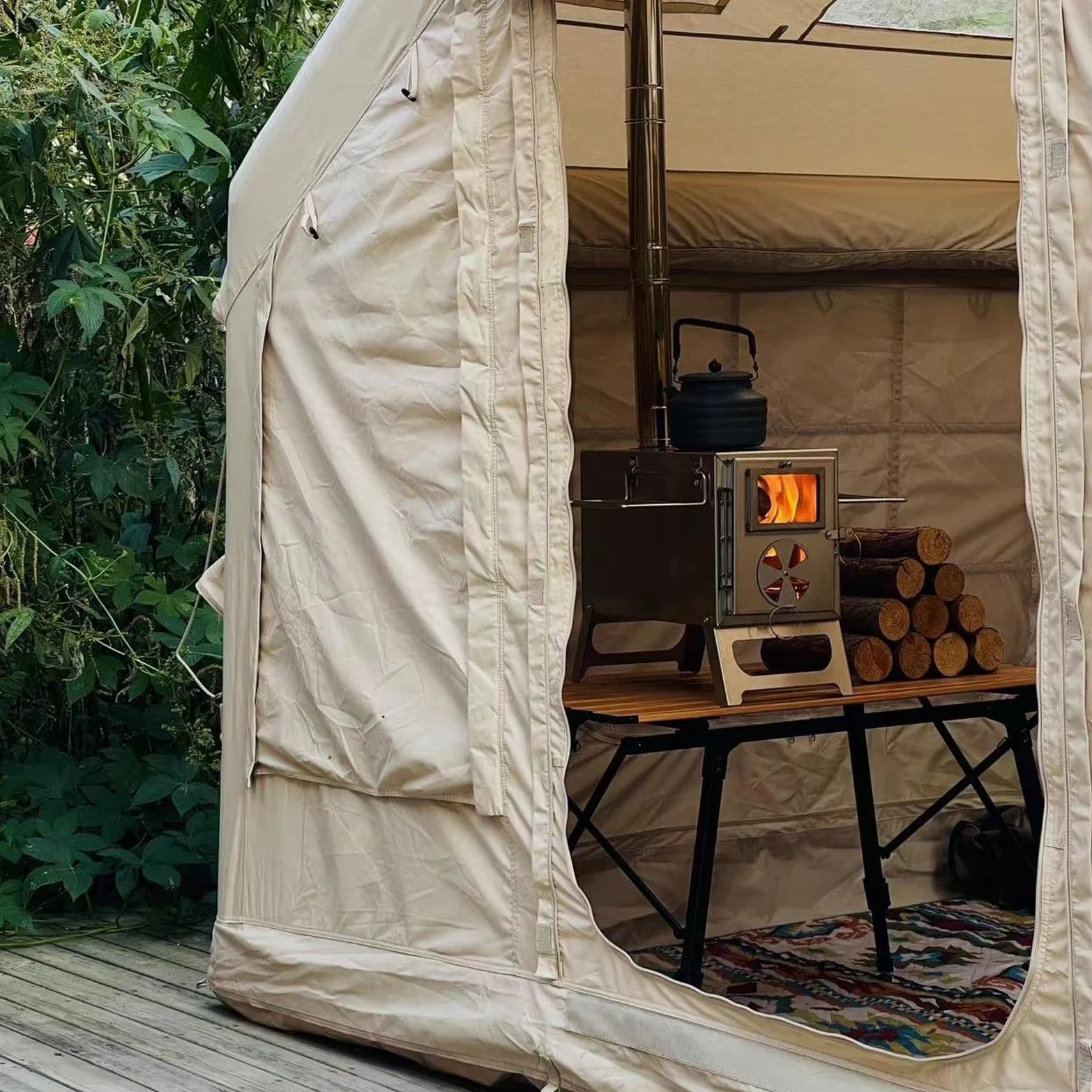 Stufa a Legna Portatile da Campeggio Realizzato in Acciaio Inossidabile Design Pieghevole con Finestra di Osservazione