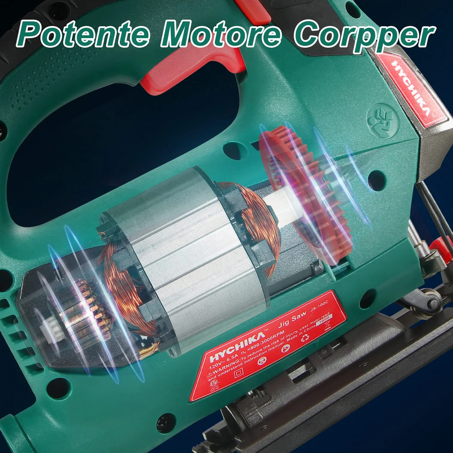 HYCHIKA Seghetto Alternativo 800W, Profondità di Taglio 110mm, 800-3000RPM, 6 Velocità variabile, Angolo di Inclinazione Regolabile da ±45 °, Adatto a Metallo e Legno
