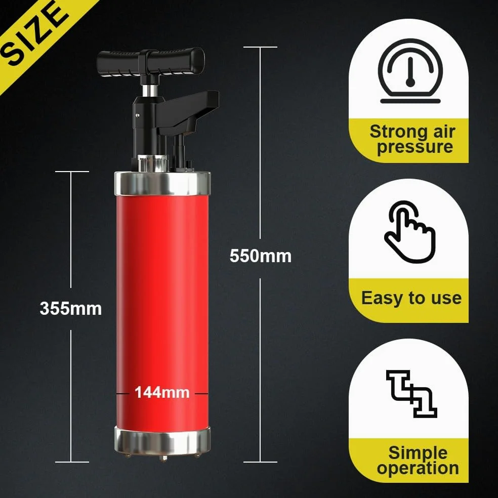 Sturascarici ad Alta Pressione con 4 Ventose, Stura Lavandini e Scarichi Professionale con Manometro, Pompa Stura Scarichi a Pressione, per Vasca da Bagno Cucina Bagno, Rosso