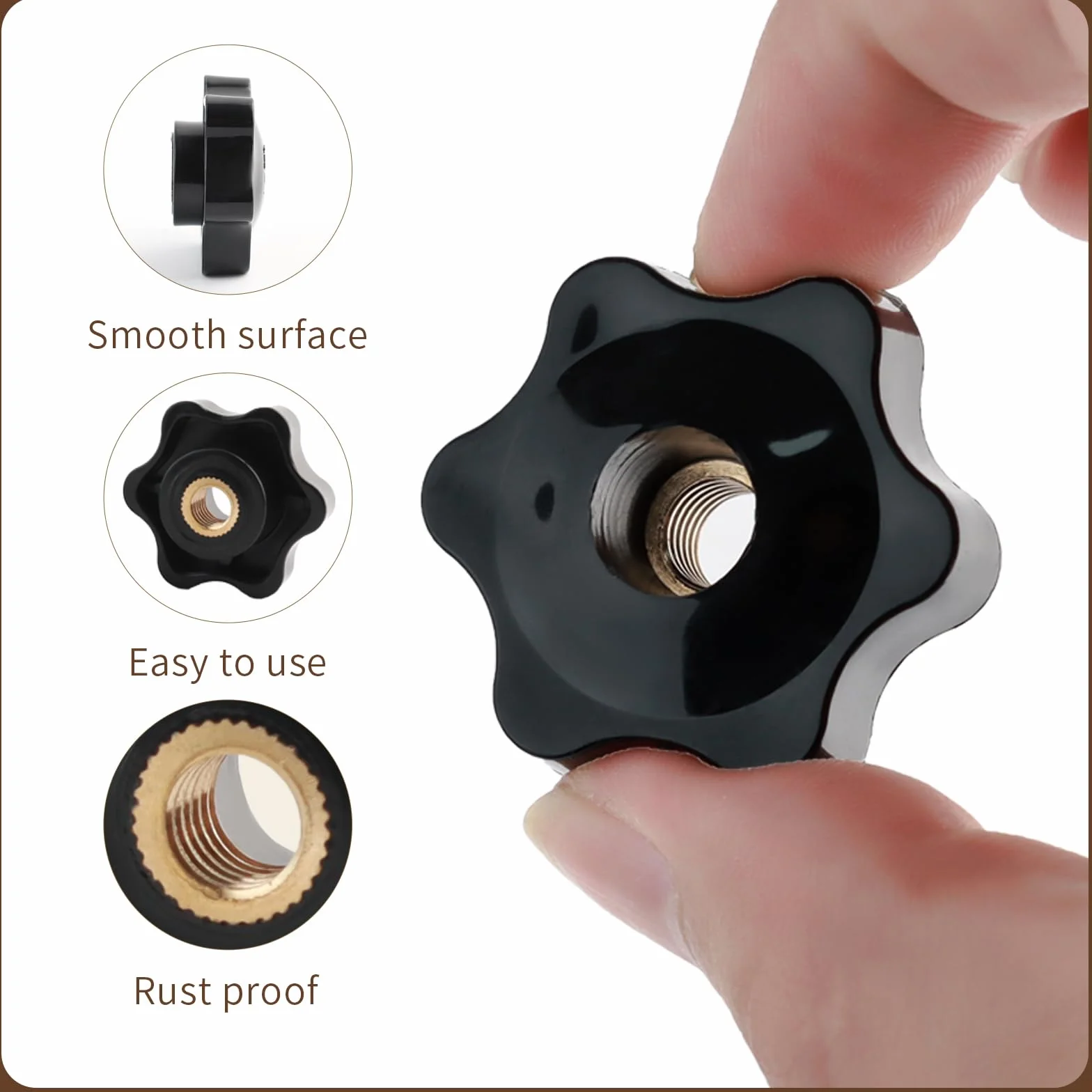 Dadi a stella M8 diametro esterno 38 mm plastica nera filettatura ottone per macchine utensili fitness
