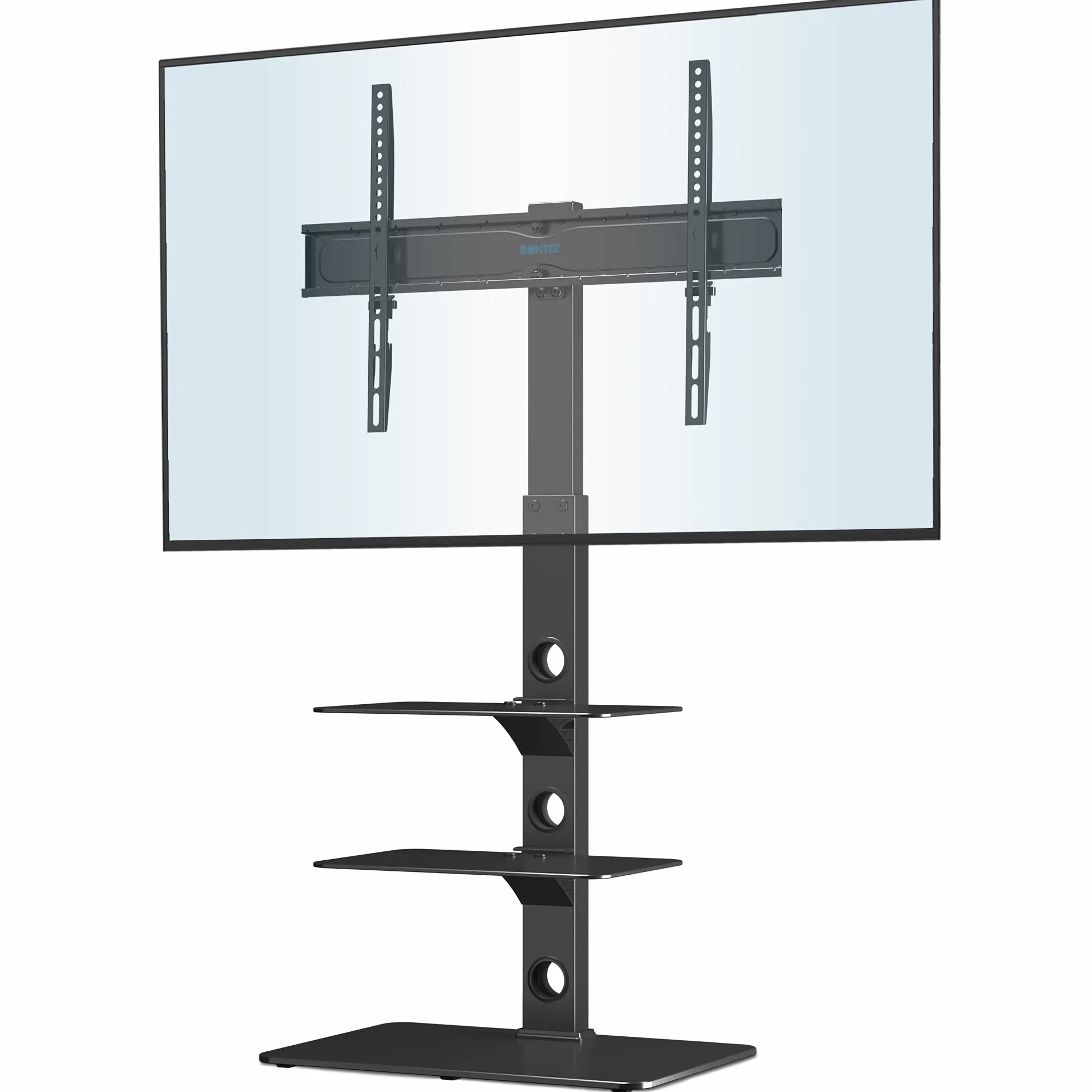 BONTEC Universale Supporto TV da pavimento per TV da 30-70 pollici LED OLED LCD, Porta TV da Terra Regolabile in Altezza con Ripiani in Vetro Temperato a 3 Livelli Max VESA 600x400mm, Fino a 40KG