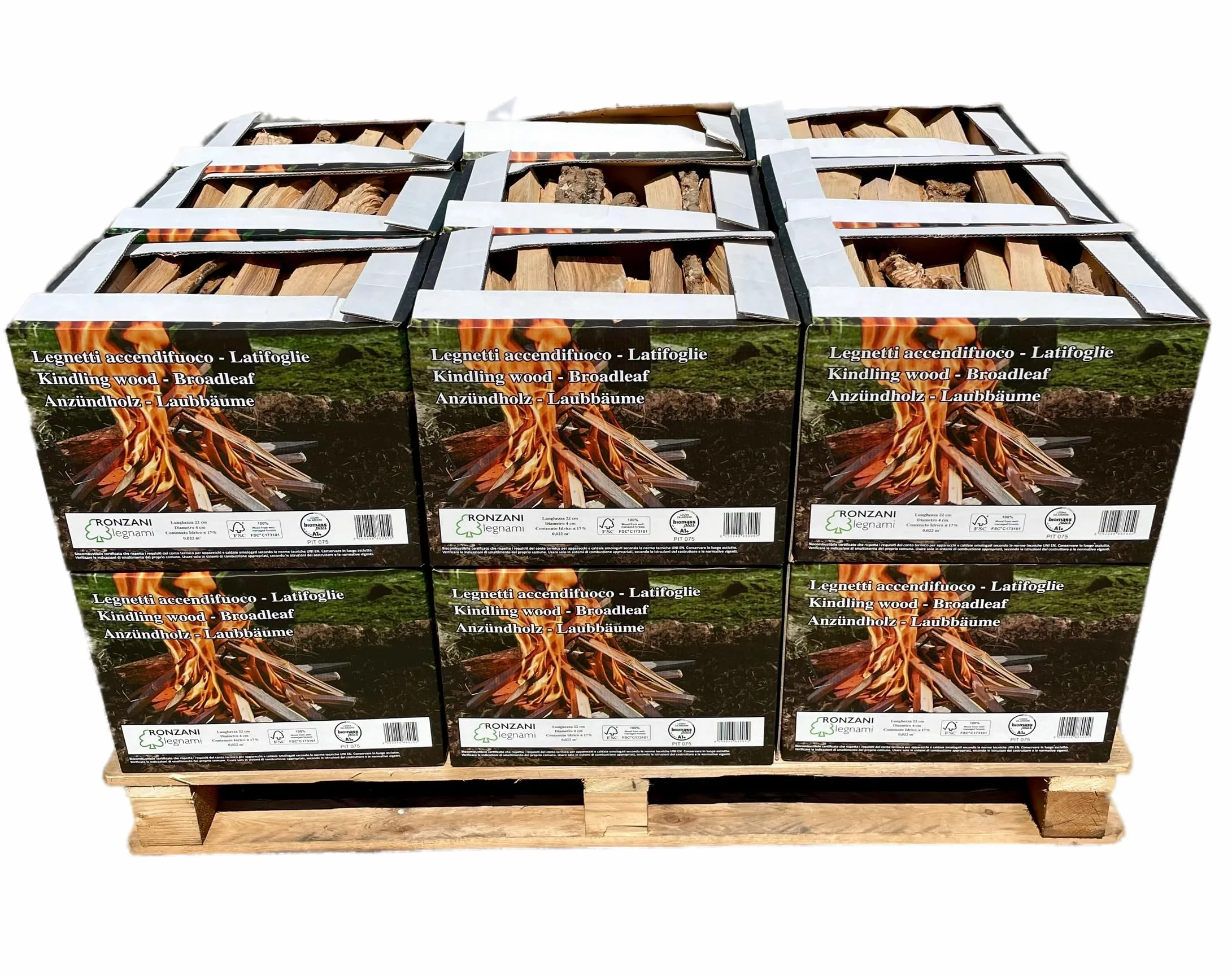 Legnetti Accendifuoco di Latifoglie - 22 cm - Certificati FSC e BiomassPlus - Naturali, Ecologici - Per Barbecue, Camini, Stufe e Forni - 100% legna secca e naturale - Bancale da 18 scatole