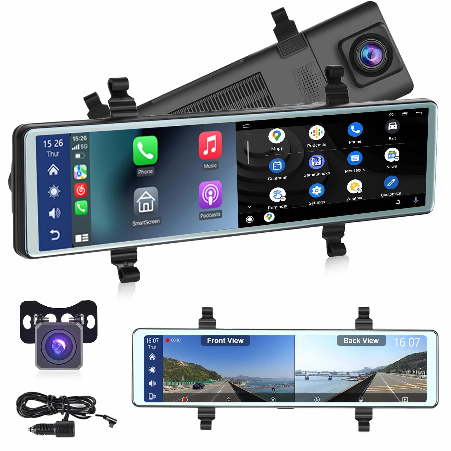 Specchio Retrovisore Auto Dash Cam Carplay Android Auto, Bluetooth, 11,26 Pollici Touchscreen IPS Specchio Retrovisore DVR, Anteriore e Posteriore Telecamere WDR, Specchio Dash Cameras FM, AUX in