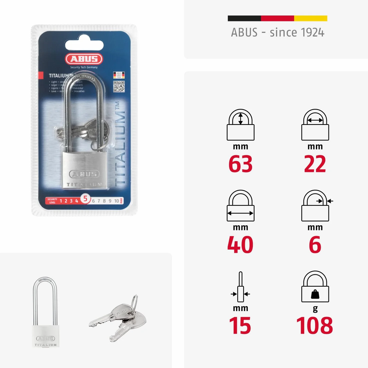 ABUS Lucchetto Titalium 64TI/40HB63 con Grillo Alto - Lucchetto con Corpo in Alluminio Speciale - Grillo in Acciaio Temprato - Livello di Sicurezza ABUS 5