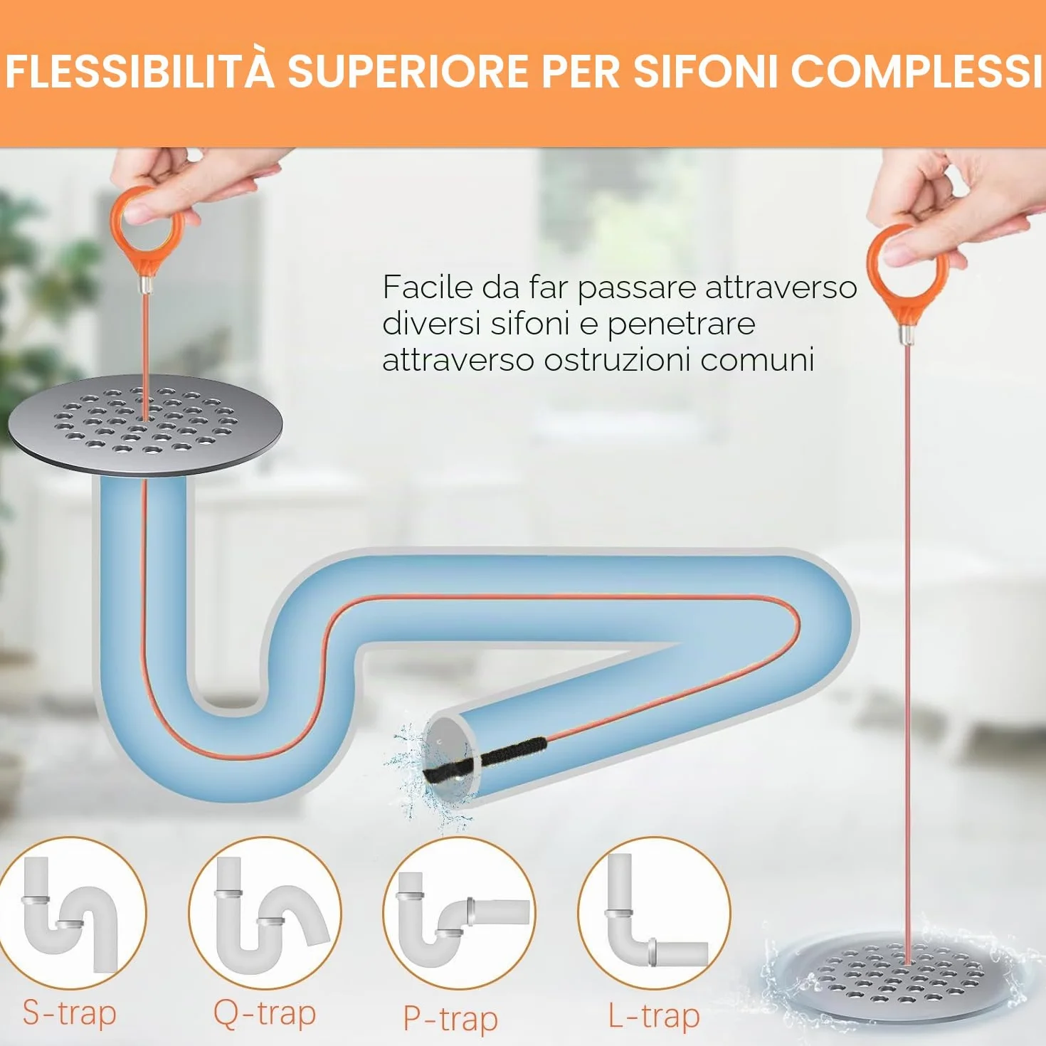 Set da 7 Stura Lavandini e Scarichi, Strumento Rimozione Capelli Serpente 76 cm + Spazzola Pulizia Flessibile 150 cm