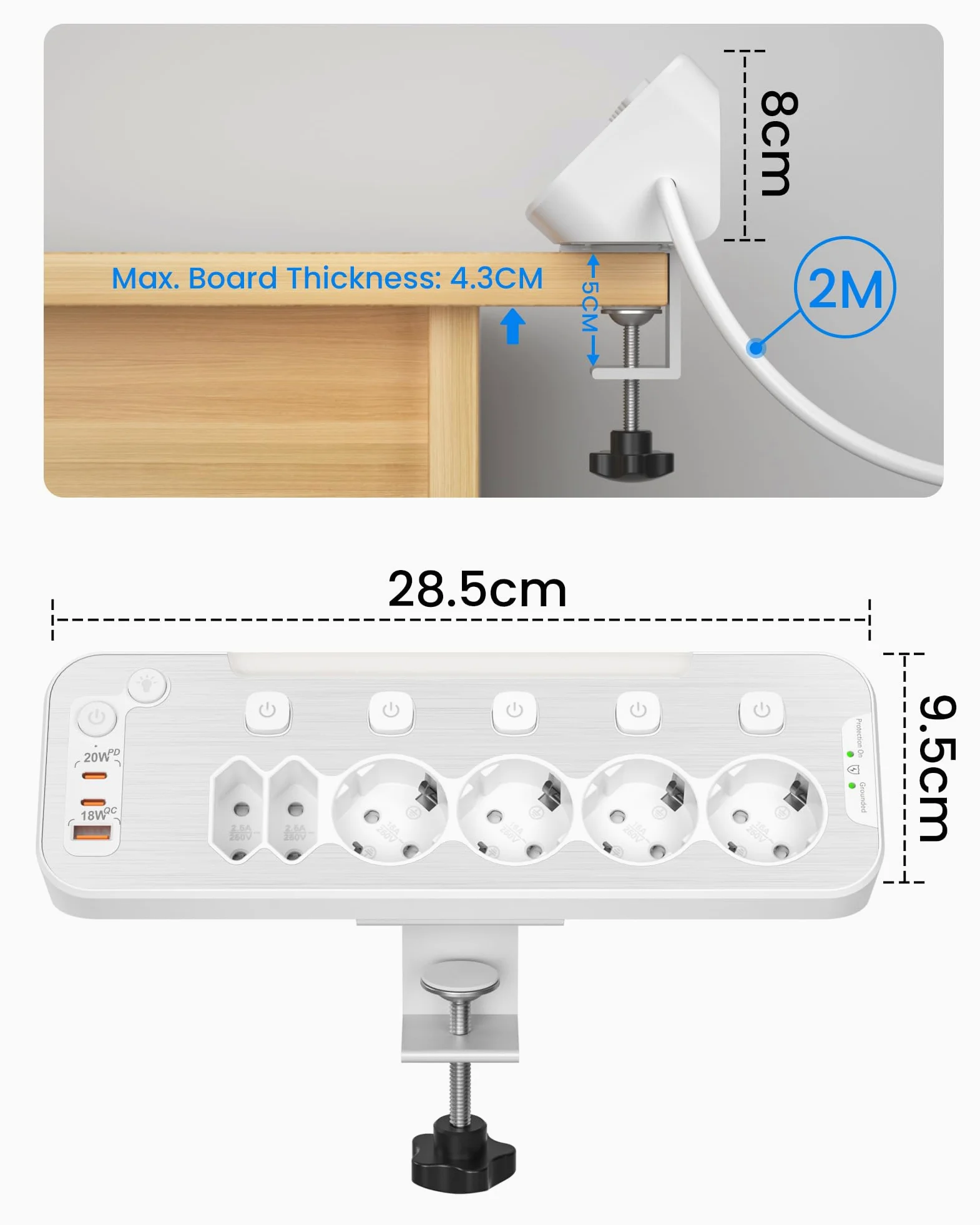 Ciabatta Multipresa da Scrivania,Multipresa Schuko Protezione Sovratensione | Presa Multipla Salvaspazio 6 Presa,Presa da Tavolo con USB C,Angolare Ciabatta Elettrica con Interruttore,Cavo 2 M,Bianco
