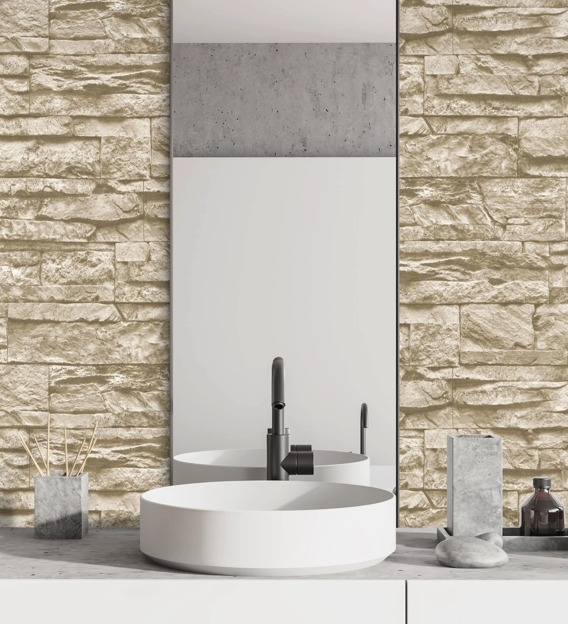 GAULAN 453146 - Carta da parati lavabile in vinile imitazione pietra ardesia beige texture in rilievo 3D per pareti soggiorno cucina bagno sala da pranzo - Rotolo di 10 m x 0,53 m