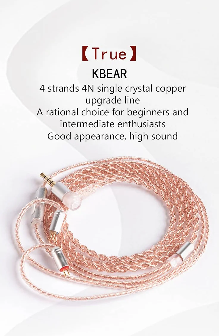 EZ EAR KBEAR - Cavo per auricolari, 4 N in rame senza ossigeno, cavo per monitor auricolari, migliora il suono per ES4, ZST ZSN ZS3, ZSR, C10, AS10, ZS10, V80, V90 (2 pin, 3,5 mm, nessun microfono)