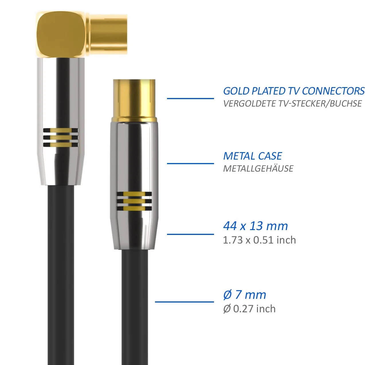 deleyCON 1,5m Cavo Antenna TV 4K Coassiale - 4K Ultra HD Full HD HDTV - 1x Spina IEC Angolata 90° a Presa IEC Dritta - TV Radio DVB-T2 - Connettori in Metallo - Nero