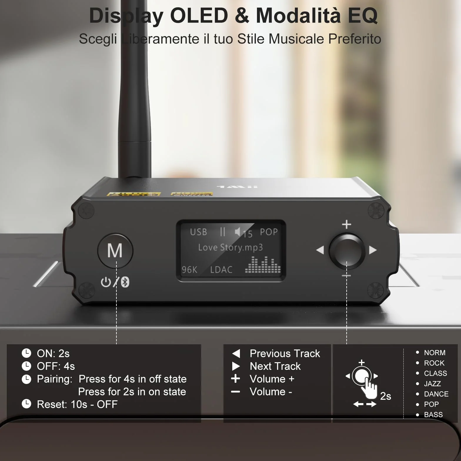 1Mii DS220 Ricevitore Bluetooth HiFi, Adattatore Bluetooth 5.3 Audio con DAC Audiofilo, Hi-Res LDAC/aptX HD/Bassa Latenza, con Uscita Ottica/RCA, Display OLED Modalità EQ per Stereo
